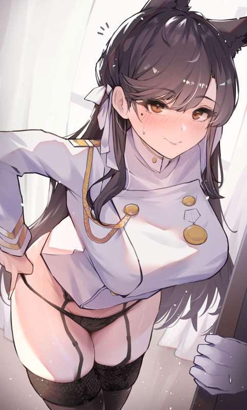 animal ears, atago (azur lane), azur lane, black hair, black panties, black thighhighs, blush, breasts, brown eyes, cg, closed mouth, curtains, female, garter belt, garter straps, gloves, hair ribbon, indoors, jacket, large breasts, leaning forward, long hair, long sleeves, looking at viewer, military, military uniform, mole, mole under eye, multi ear, no pants, panties, sea nami, smile, solo focus, sweatdrop, swept bangs, thighhighs, thighs, underwear, white gloves, white jacket, white ribbon