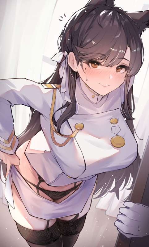 animal ears, atago (azur lane), azur lane, black hair, black panties, black thighhighs, blush, breasts, brown eyes, cg, closed mouth, curtains, female, garter belt, garter straps, gloves, hair ribbon, indoors, jacket, large breasts, leaning forward, long hair, long sleeves, looking at viewer, military, military uniform, miniskirt, mole, mole under eye, multi ear, panties, sea nami, skirt, smile, solo focus, sweatdrop, swept bangs, thighhighs, underwear, white gloves, white jacket, white ribbon, white skirt