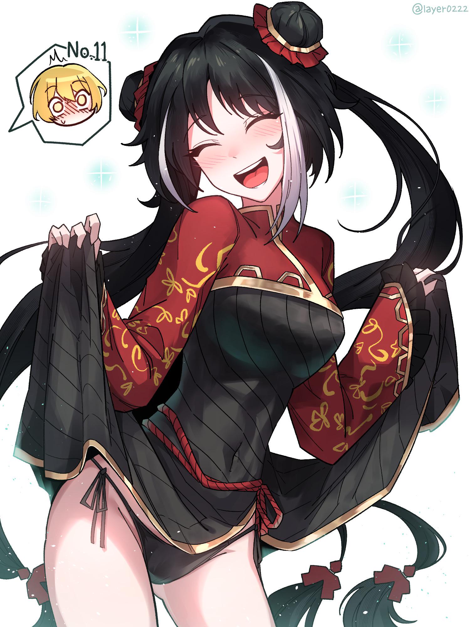 :d, 1boy, black dress, black hair, black panties, blonde hair, blush, breasts, cg, china dress, chinese clothes, closed eyes, clothes lift, cowboy shot, double bun, dress, dress lift, female, hair bun, jia xichun (limbus company), lifted by self, limbus company, long hair, long sleeves, male, medium breasts, multicolored hair, official alternate costume, open mouth, panties, project moon, side-tie panties, simple background, sinclair (limbus company), smile, solo focus, streaked hair, twintails, twitter username, underwear, very long hair, white background, white hair