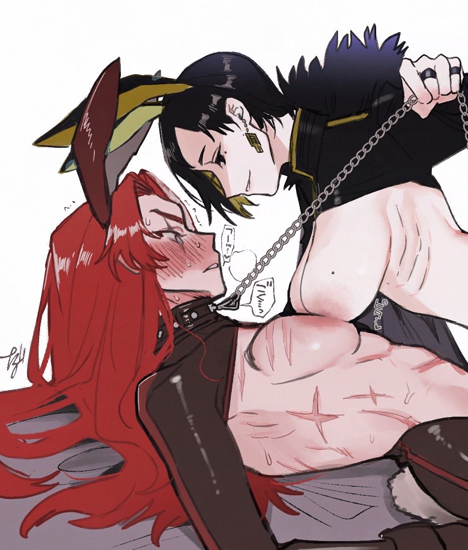 2girls, animal ears, binah, binah (project moon), black hair, blonde hair, blush, breasts, cg, chain leash, chains, collar, earrings, fake animal ears, female, femdom, gebura (lobotomy corporation), holding, holding leash, jewelry, large breasts, leash, library of ruina, lobotomy corporation, long hair, looking at another, lying, meme attire, mole, mole on breast, multicolored hair, multiple females, multiple girls, nipples, on back, project moon, rabbit ears, rabbit tail, red hair, reverse bunnysuit, reverse outfit, scar, short hair, shrug (clothing), simple background, smile, sweat, tail, two-tone hair, white background, yuri