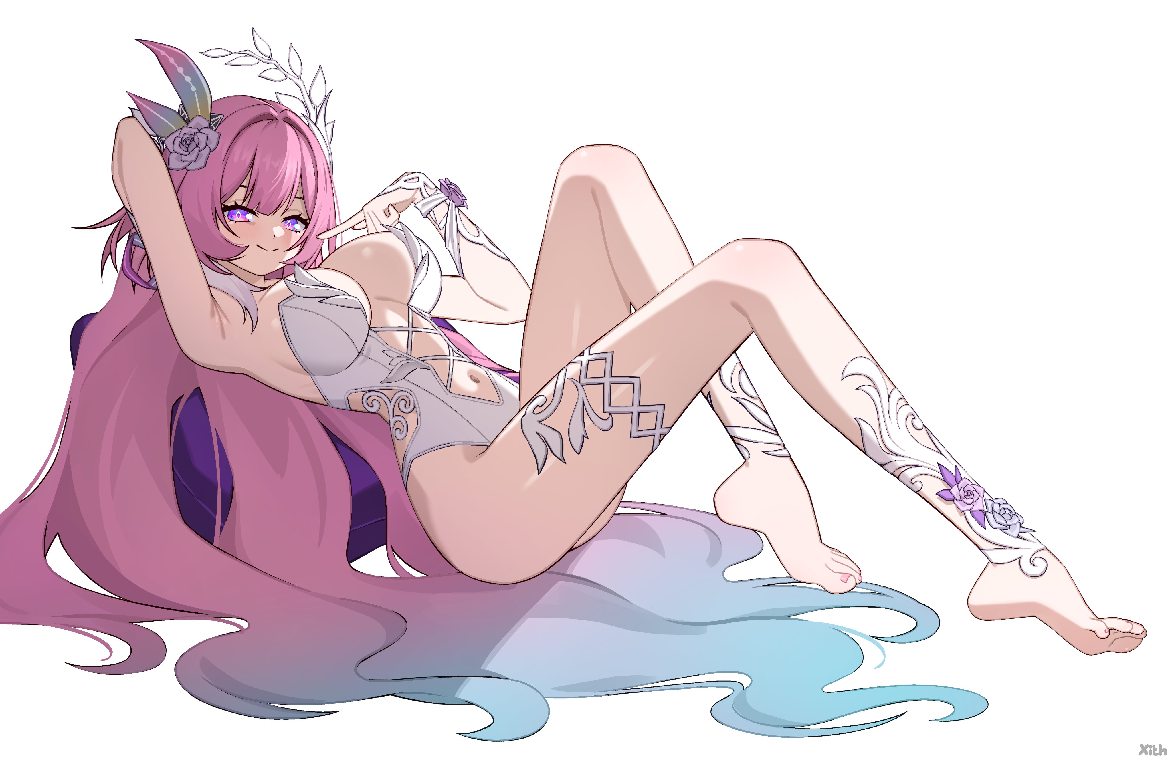 1girls, breasts, cyrene (honkai: star rail), cyrene (ripples of past reverie) (honkai: star rail), demiurge (honkai: star rail), exposed breasts, female, honkai: star rail, hoyoverse, legs, leotard, long hair, mihoyo, pink eyes, pink hair, very long hair, white leotard, xith