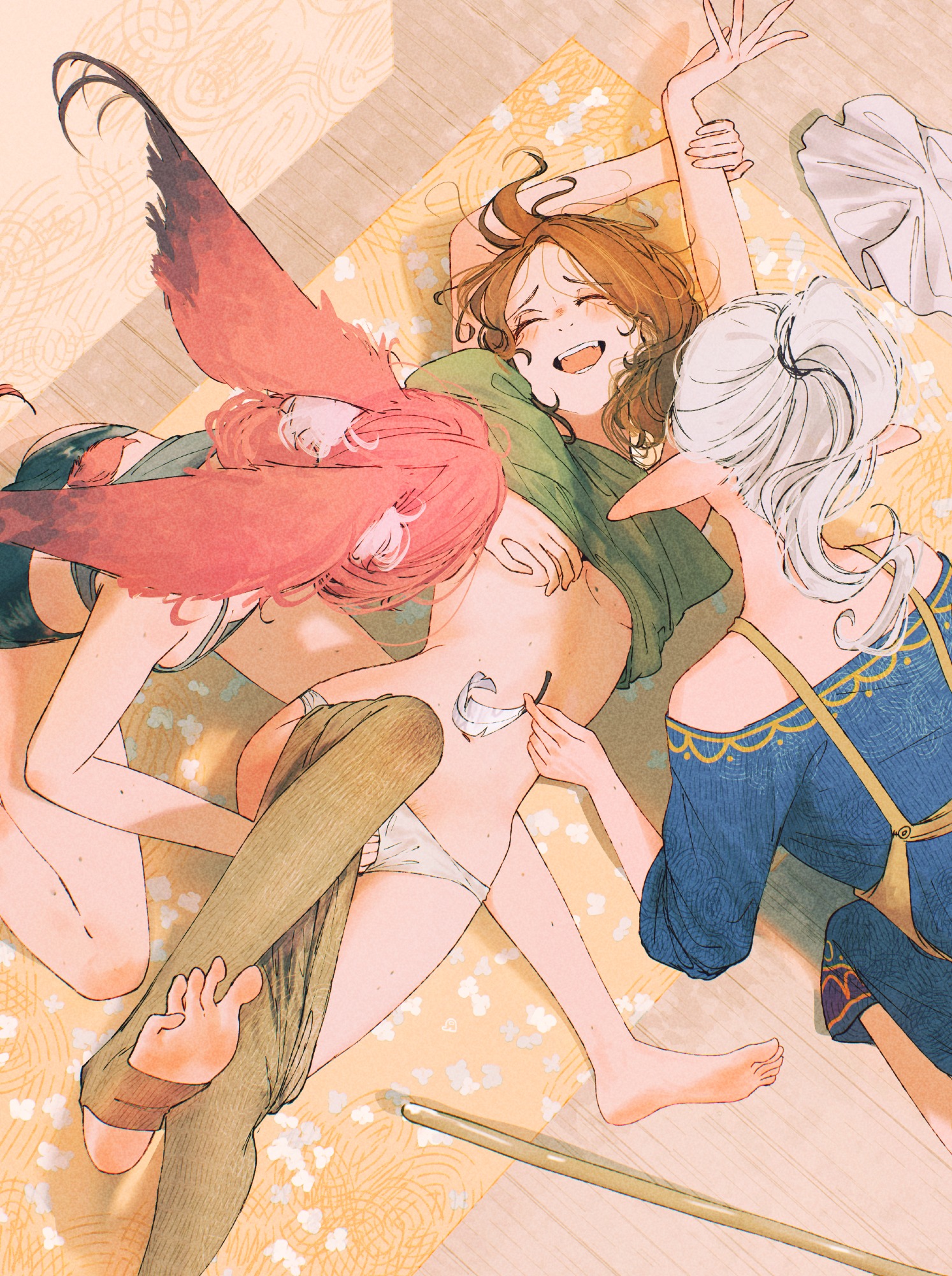 3girls, animal ears, apron, asimov (spindle (aidenr0)), black hairband, black panties, blue dress, breasts, brown hair, brown pants, closed eyes, clothes pull, dress, feet, felt (spindle (aidenr0)), female, from above, grabbing another's breast, green shirt, grey tank top, groping, hairband, hand on another's chest, highres, kneeling, laughing, multiple females, multiple girls, navel, no bra, open mouth, original, ottilie (spindle (aidenr0)), panties, pants, pants pull, partially undressed, pink hair, ponytail, rabbit ears, rabbit girl, rabbit tail, revenge, shirt, shirt pull, short hair, single bare shoulder, spindle (aidenr0), tail, tank top, tickling, tickling navel, tickling stomach, underwear, white hair, white panties, yellow apron