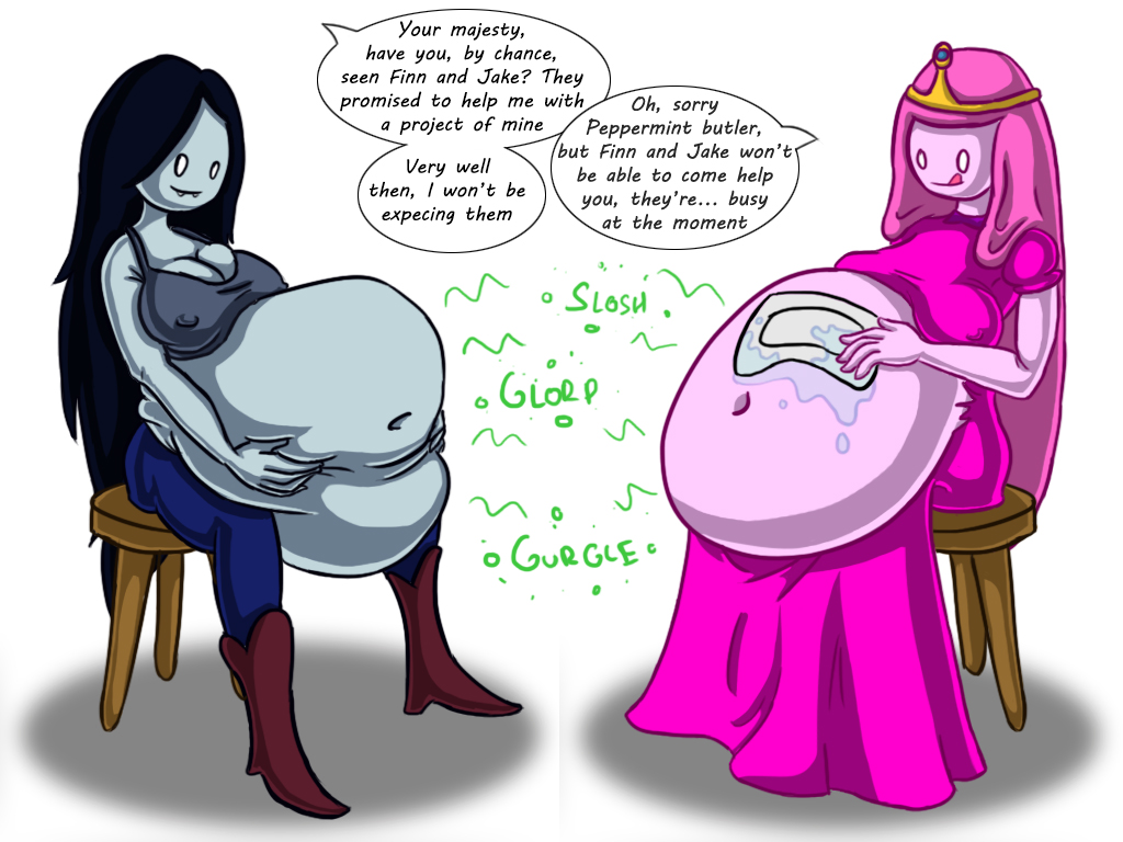 2boys, 2girls, adventure time, bad end, bad ending, beanystalk, big belly, big breasts, black hair, breasts, cartoon network, cleavage, couple, covered erect nipples, covered nipples, digesting, digestion, digestion noises, erect nipples under clothes, fat belly, female, female pred, finn the human, furry prey, grey body, gurgling belly, human prey, hyper, hyper belly, implied vore, jake the dog, long hair, male, male prey, marceline, multiple preds, multiple prey, pink body, pink dress, pink hair, princess bubblegum, rumbling stomach, smile, stomach noises, vore, vore belly