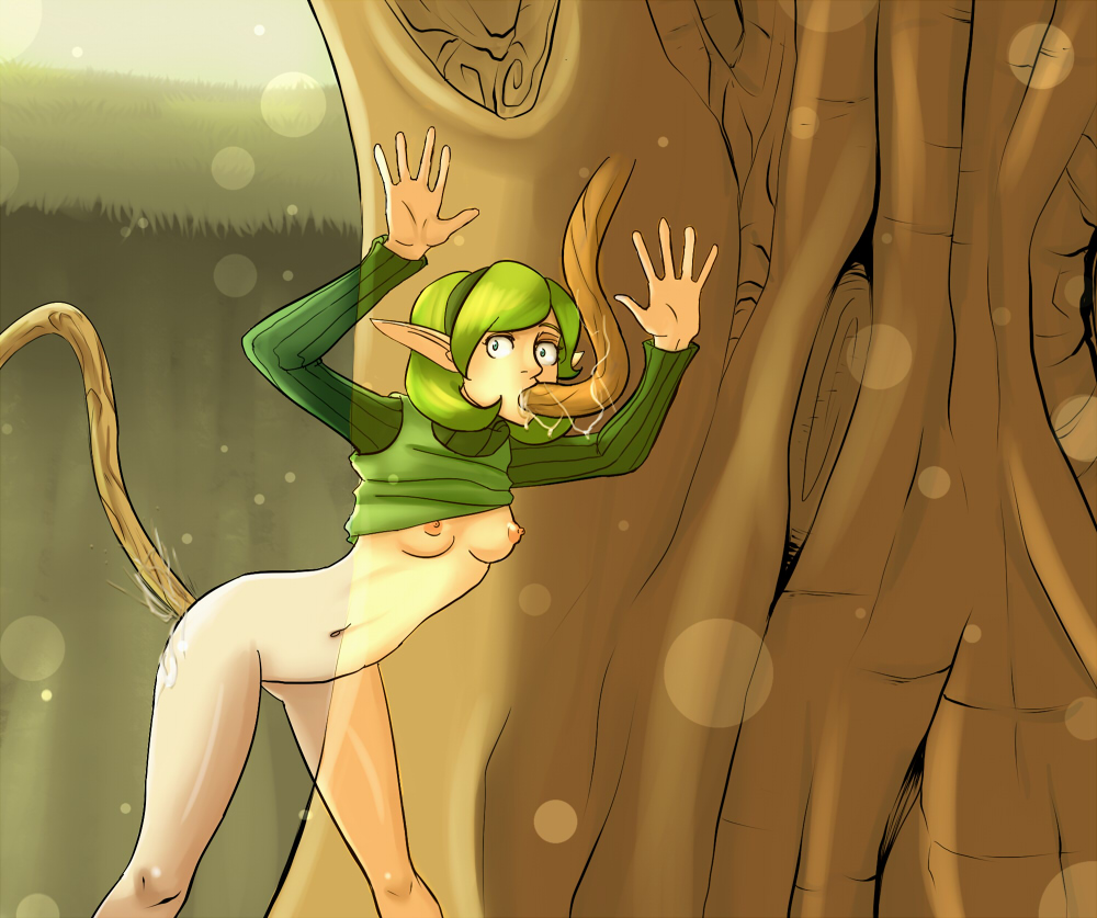 acperience against_tree ambiguous_penetration bent_over bottomless breasts clothing fellatio female from_behind green_eyes green_hair hairband kokiri nintendo nipples ocarina_of_time open_mouth oral outdoors penetration pointy_ears saria shirt_lift short_hair standing tentacle the_legend_of_zelda tree vine_in_mouth vine_insertion vines wide_eyed