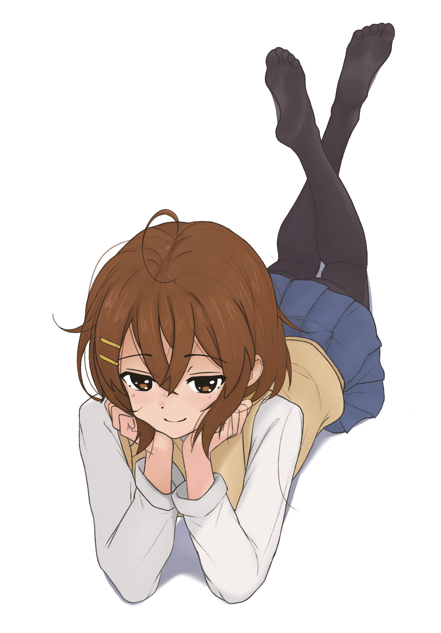 ahoge, andrey pavlow, black pantyhose, blue skirt, blush, brown eyes, brown hair, closed mouth, commentary, crossed ankles, crossed bangs, english commentary, feet, feet up, female, full body, hair between eyes, hair ornament, hairclip, highres, k-on!, long sleeves, looking at viewer, lying, medium hair, miniskirt, no shoes, on stomach, pantyhose, sakuragaoka high school uniform, school uniform, shadow, simple background, skirt, smile, soles, solo, the pose, toes, white background, yui hirasawa (k-on!)