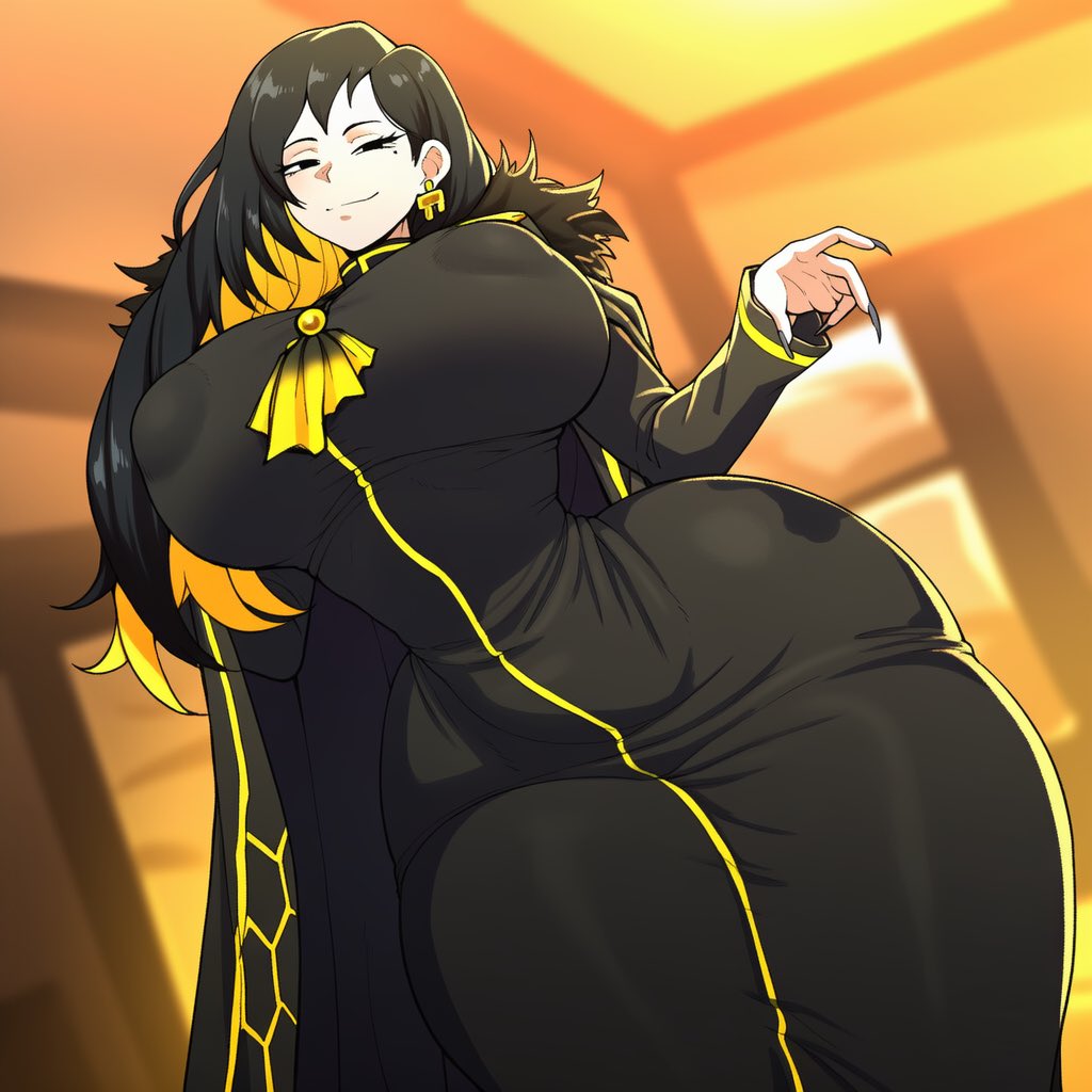 ai generated, binah, binah (project moon), black clothing, black eyes, black hair, breasts, cinderhee, dress, female, from below, huge ass, huge breasts, library of ruina, lobotomy corporation, long hair, looking at viewer, looking down, multicolored hair, nipple bulge, nipples visible through clothing, pale-skinned female, project moon, sharp fingernails, sharp nails, smile, smiling, smiling at viewer, tagme, thick thighs, tight clothing, yellow hair