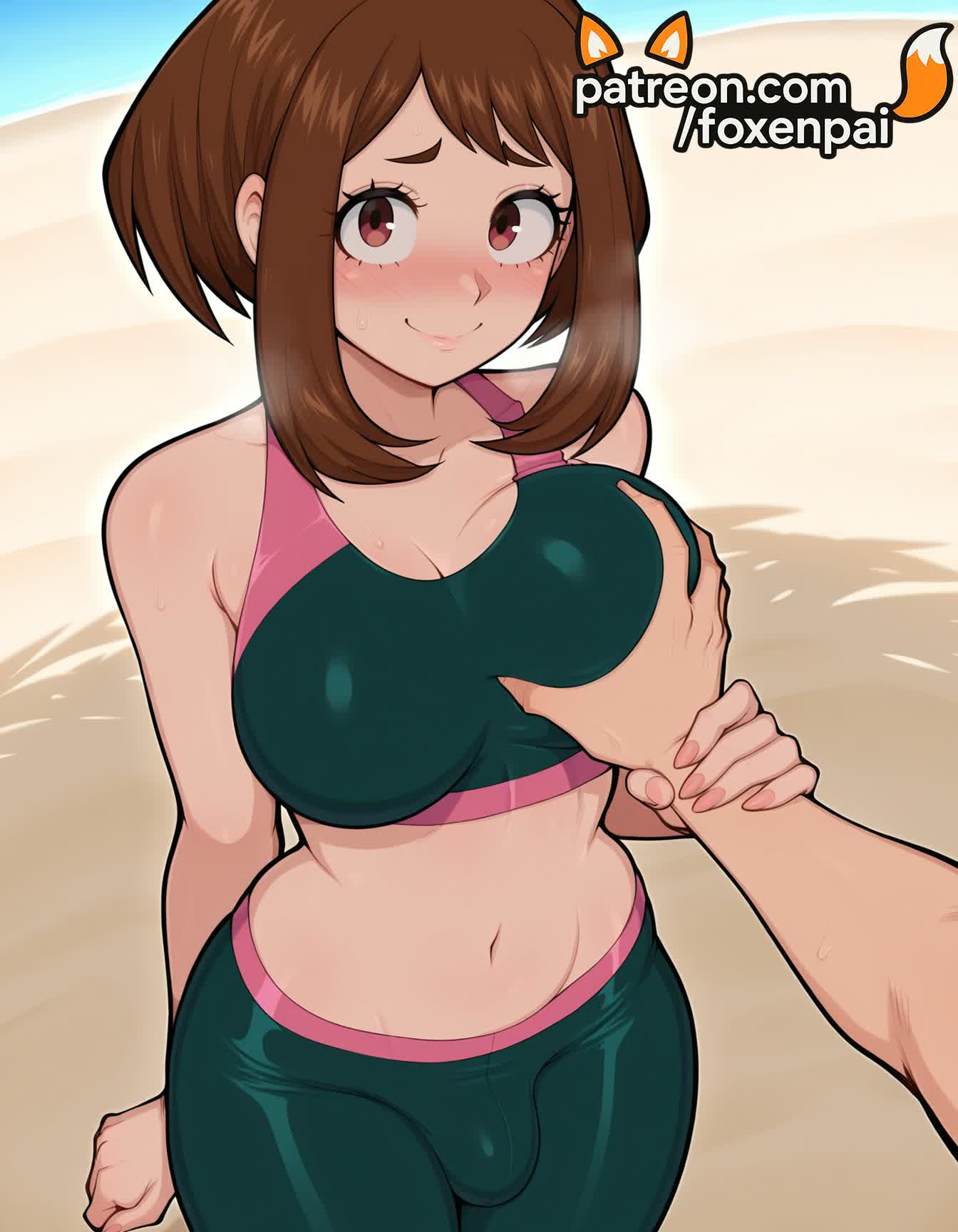 1futa, 2025, ai generated, artist name, beach, big breasts, big chest, blush, boku no hero academia, breast grab, breasts, brown eyes, brown hair, bulge, bust, busty, chest, foxenpai, futanari, grabbing, hi res, high quality, high resolution, highres, intersex, large breasts, my hero academia, navel, ocean, ochako uraraka, patreon, patreon username, sand, short hair, smile, stable diffusion, watermark