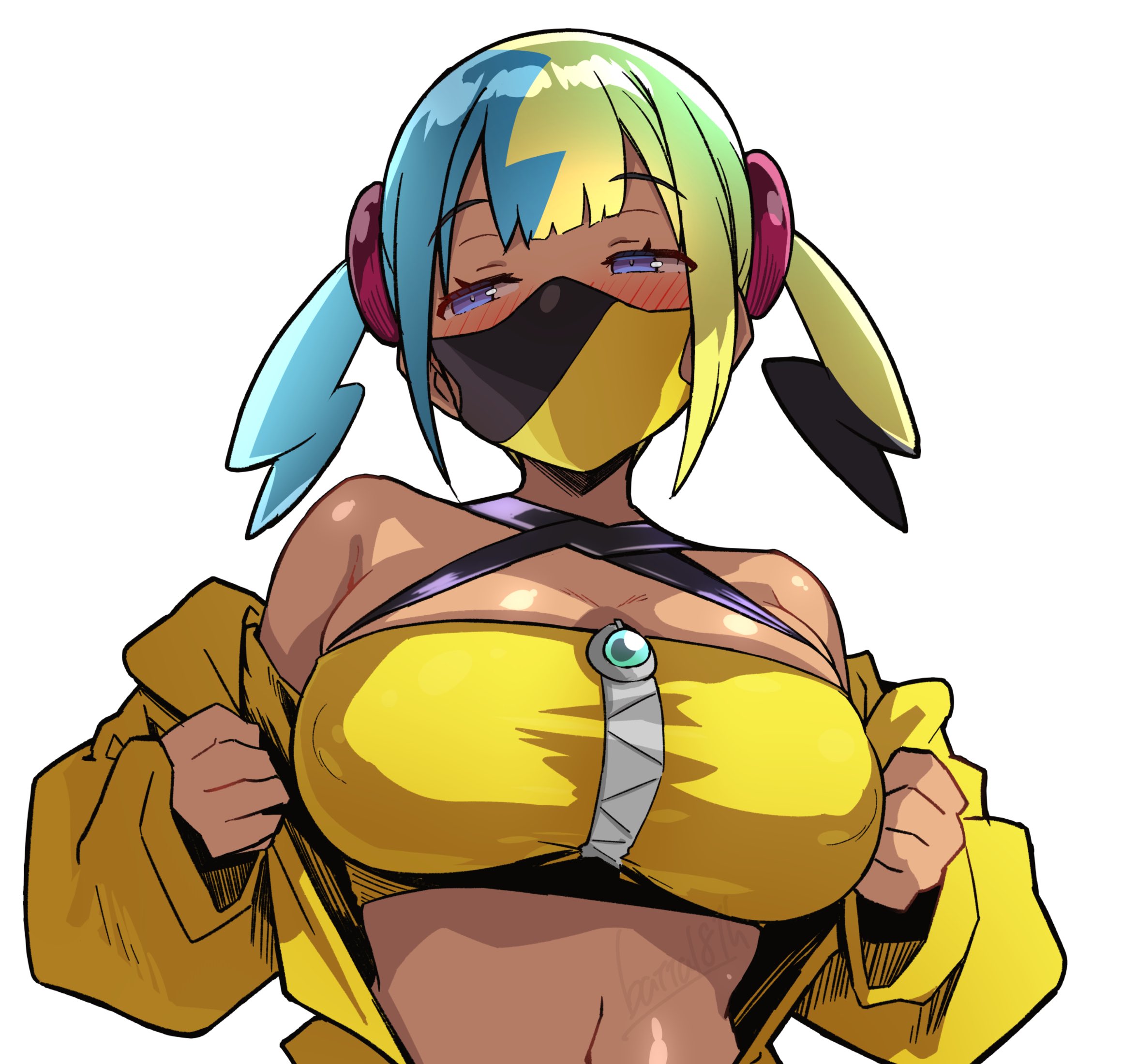 1girls, aqua hair, bandeau, batta 16-sei, black hair, black mask, blonde hair, blue eyes, blush, breasts, canari (pokemon), canary (pokemon), commentary request, covered nipples, dark skin, dark-skinned female, female, game freak, highres, jacket, large breasts, looking to the side, mask, mouth mask, multicolored hair, nintendo, pokemon, pokemon legends: z-a, solo, two-tone mask, upper body, yellow bandeau, yellow jacket, yellow mask