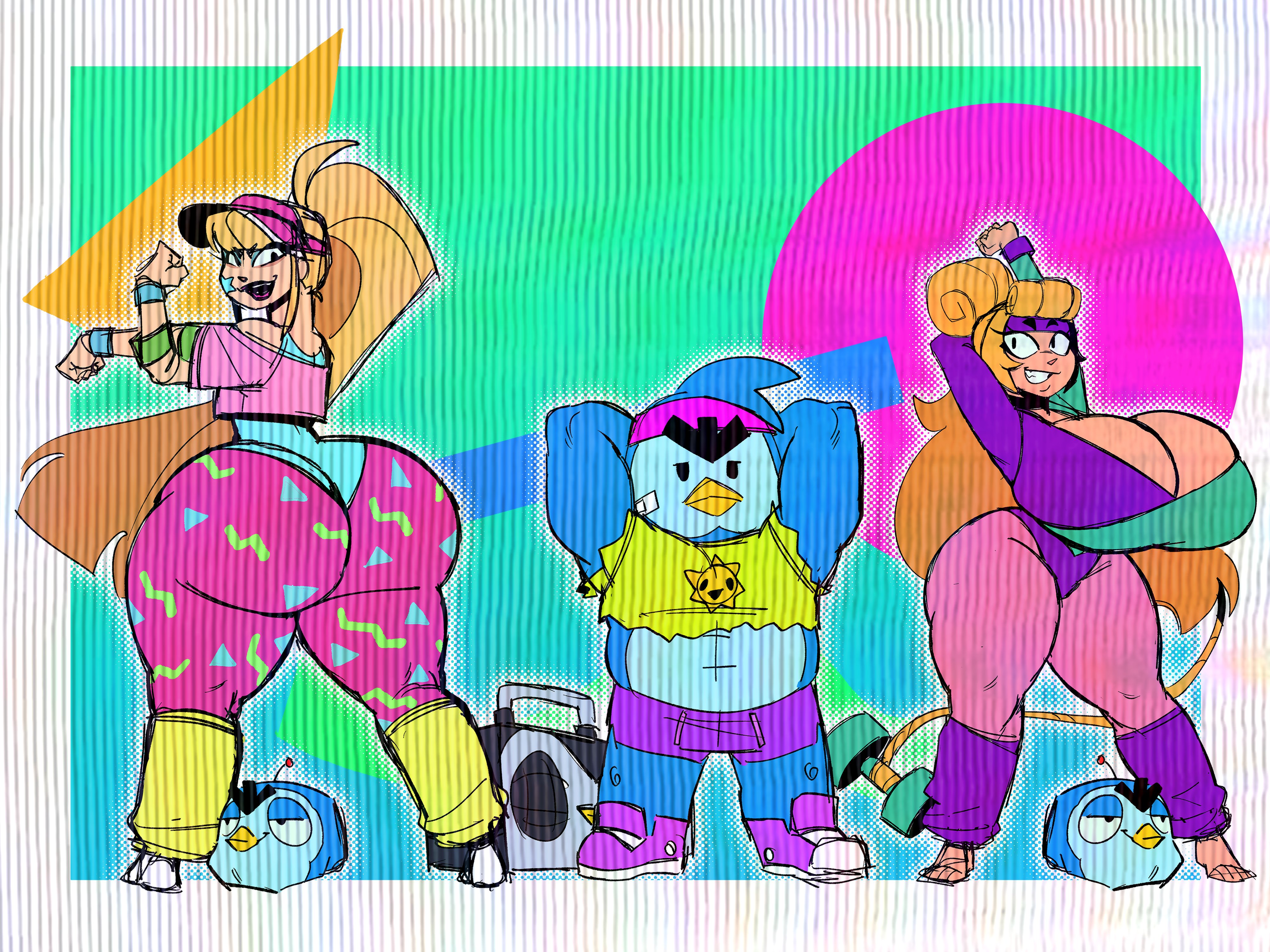 2girls, brawl stars, charlie (brawl stars), elpiromanias, female, gym rat mr. p (brawl stars), melodie (brawl stars), mr. p (brawl stars), pump it melodie (brawl stars), workout charlie (brawl stars)