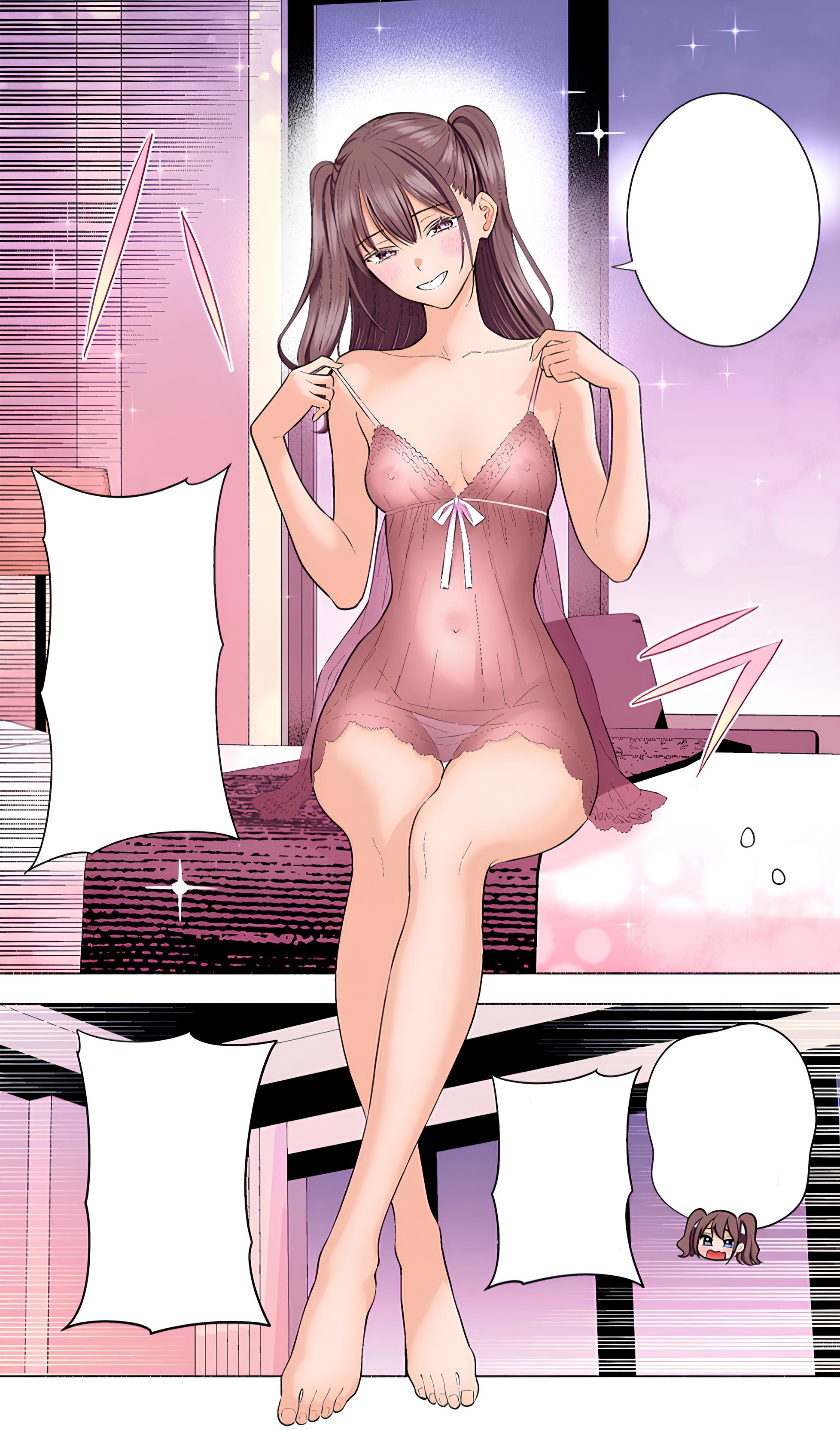 2.5 jigen no ririsa, babydoll, bare arms, bare legs, bare shoulders, bare thighs, barefoot, bed, belly button visible through clothing, blush, breasts, brown eyes, brown hair, cleavage, collarbone, feet, female, hashimoto yuu, indoors, lingerie, long hair, manga, nipples visible through clothing, official art, panties, parted lips, see-through clothing, sitting, small breasts, smile, strap pull, tachibana mikari, thighs, toes, twintails, underwear, white panties
