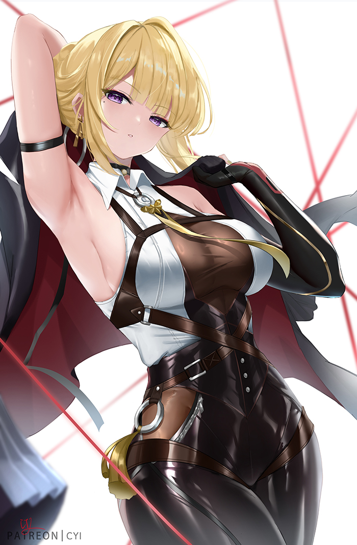 arm strap, armpits, black gloves, black pants, blonde hair, braid, braided bun, breasts, chest harness, cleavage, collared shirt, cyicheng, earrings, elbow gloves, evelyn chevalier, female, gloves, hair bun, harness, hashtag-only commentary, high-waist pants, holding, holding jacket, holding unworn clothes, jacket, jewelry, large breasts, looking at viewer, mole, mole under eye, necktie, pants, parted lips, purple eyes, see-through cleavage, see-through clothes, shirt, short hair, simple background, single elbow glove, sleeveless, sleeveless shirt, solo, tight clothes, tight pants, unworn jacket, white shirt, yellow necktie, zenless zone zero