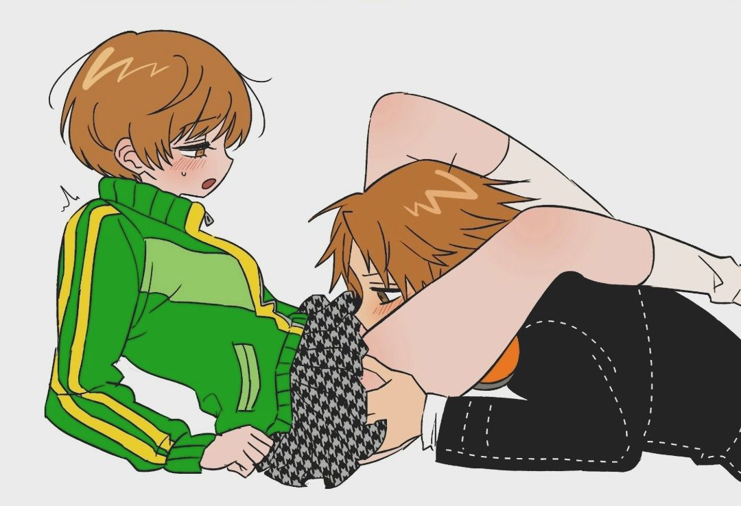 1boy, 1boy1girl, 1girls, blushing, brown hair, clothed, clothed sex, female, hanamura yousuke, male, male/female, oral sex, persona, persona 4, pussy, pussy eating, qnfrjswjsrmfla, satonaka chie, straight
