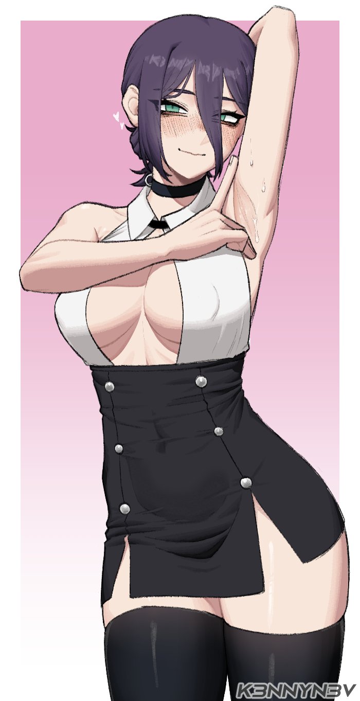 armpit, armpit crease, armpit fetish, arms up, breasts, chainsaw man, female, green eyes, inner sideboob, k3nnyn3v, purple hair, reze (chainsaw man), spreading armpit, sweat, thick thighs