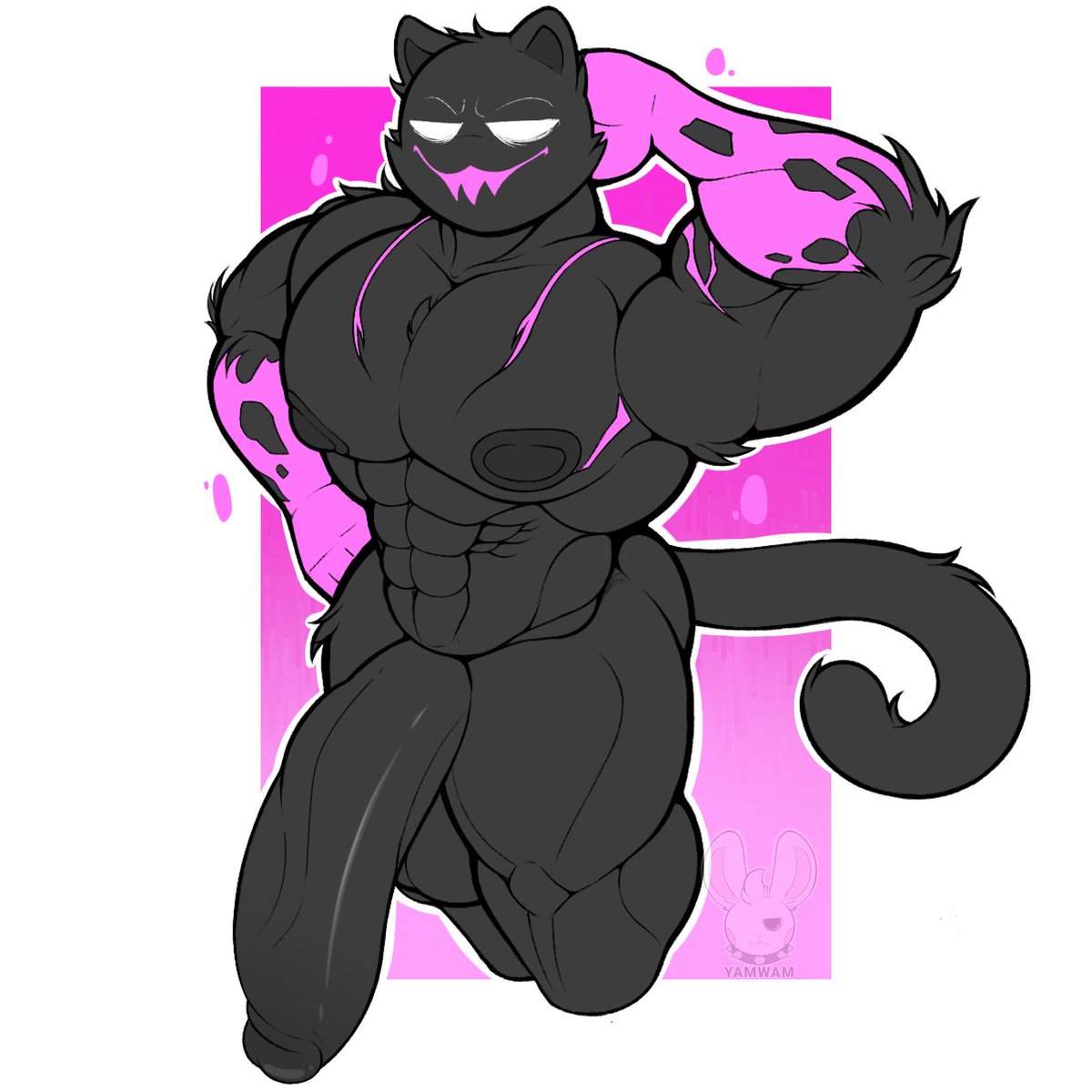anthro, big nipples, black fur, cat tail, cock, feline, fortnite, fortnite: battle royale, fur, furry, furry only, male, male only, meowscles, meowscles (fortnite), muscles, muscular, muscular anthro, muscular male, nipples, pecs, pectorals, penis, phantom meowscles, yamwamm