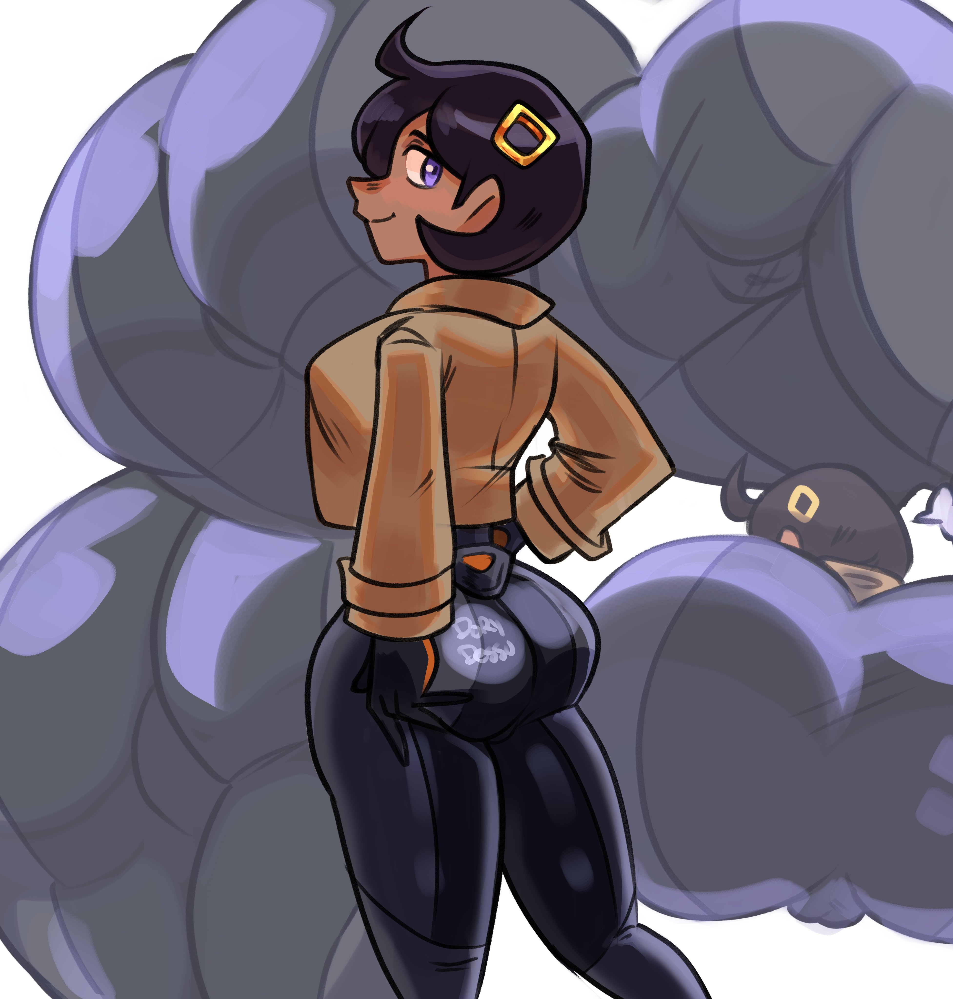 1girls, ass, bodysuit, bubble butt, coat, dark skin, dark-skinned female, dorydessu, emma (pokemon legends: z-a), emma (pokemon), female, female focus, female only, jacket, large ass, looking at viewer, looking back, matiere (pokemon legends: z-a), matiere (pokemon), nintendo, pokemon, pokemon legends: z-a, solo, thick thighs, thighs, tight clothing, tomboyish, wide hips