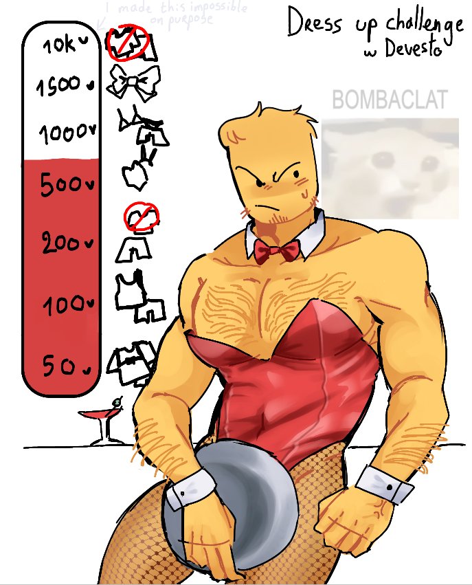 angry expression, bara, bow tie, bunnysuit, covering, devesto, die of death (roblox), hairy chest, hat, only male, red bowtie, red bunnysuit, roblox, roblox game, robloxian, solo male, strip game, tagme, tagme (artist)
