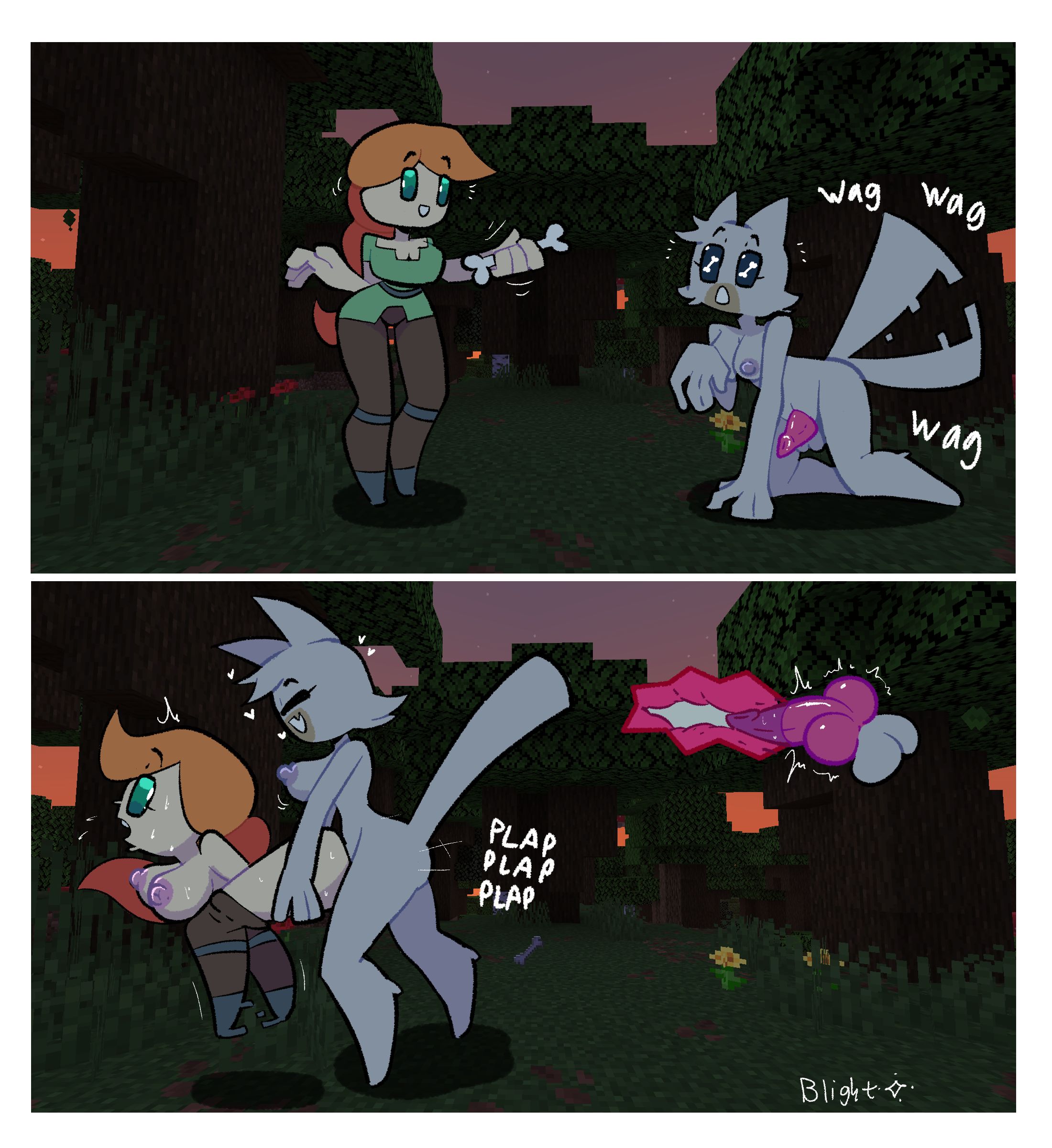 2 panel comic, alex (minecraft), all fours, animal penis, anthro, bent over, blightstar, bone, breasts, canine penis, comic, cum inside, excited, excited for sex, female, futa on female, futanari, game screenshot, game screenshot background, ginger, green eyes, grey fur, happy sex, heart symbol, human, internal cumshot, internal view, intersex, knot, knotted penis, large breasts, minecraft, minecraft background, offering food, pale skin, penis, penis in pussy, plap, pussy, screenshot edit, stand and carry position, tagme, wagging tail, wolf (minecraft), wolf girl