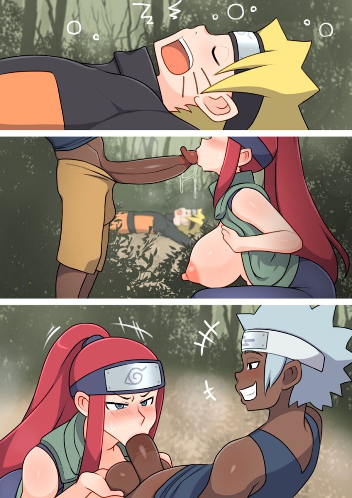 1girls, 2d, 2d (artwork), big breasts, black leggings, blowjob, blush, breasts, clothing, color, comic page, dark skin, dark-skinned male, exposed breasts, fellatio, female, horny female, huge breasts, huge cock, illustration, interracial, kaz crimson, light-skinned female, long hair, male, milf, naruto, naruto (series), netorare, nipples visible through clothing, open mouth, oral, outdoors, penetration, penis, red hair, silver hair, thick thighs, training, uzumaki kushina, uzumaki naruto, voluptuous, voluptuous female, wide hips, younger male