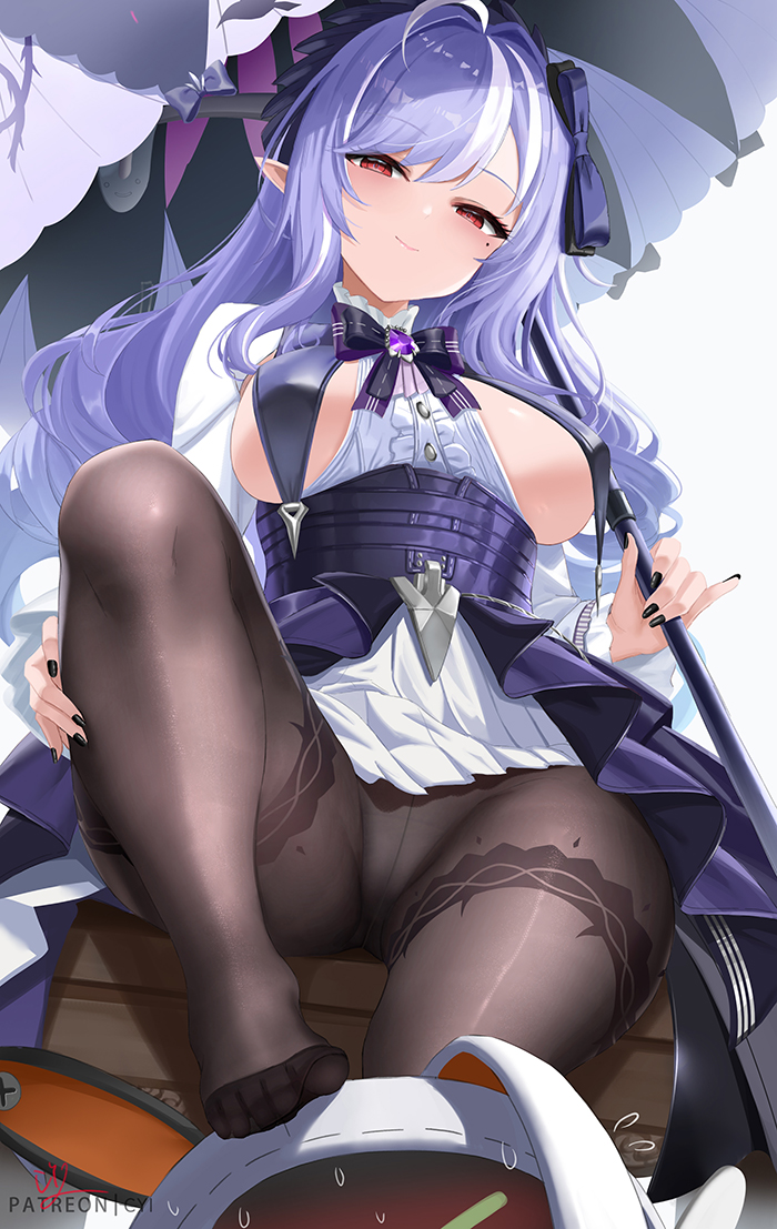 bangboo (zenless zone zero), black nails, black pantyhose, blush, breast curtains, breasts, closed mouth, cyicheng, female, hair ribbon, holding, holding umbrella, long hair, long sleeves, looking at viewer, mole, mole under eye, multicolored hair, nail polish, pantyhose, pointy ears, purple hair, red eyes, ribbon, simple background, smile, solo, streaked hair, thighband pantyhose, thighs, umbrella, vivian (zenless zone zero), vivian banshee, white background, white hair, zenless zone zero