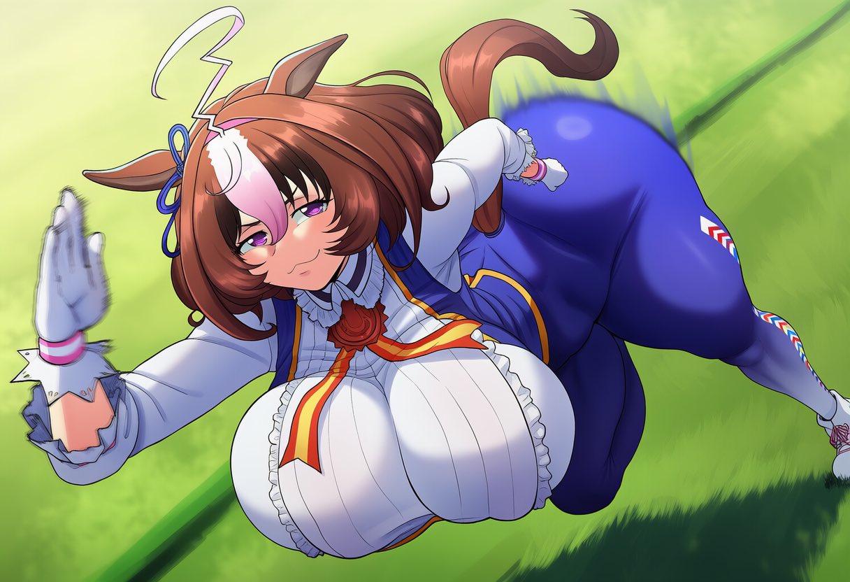 ai generated, breasts, brown hair, cinderhee, female, grass, horse ears, horse girl, horse tail, huge ass, huge breasts, meisho doto (umamusume), multicolored hair, outdoors, purple eyes, race, racing, running, tagme, umamusume, umamusume pretty derby, white hair