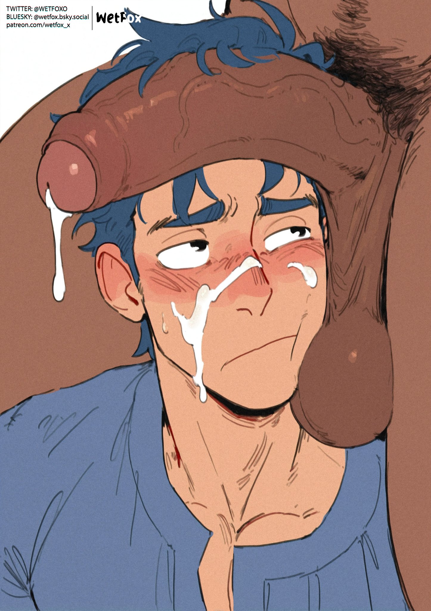 ai generated, balls, balls on face, bara, big balls, big penis, blue hair, cum, cum drip, cum dripping, cum dripping from penis, cum on face, cum on penis, cumdrip, dark skin, dark-skinned male, foreskin, gay, gay sex, low hanging balls, male, male focus, male only, male/male, penia, penis, penis on face, penis on head, pubic hair, uncircumcised, uncircumcised penis, uncut, uncut penis, wetfoxo, yaoi