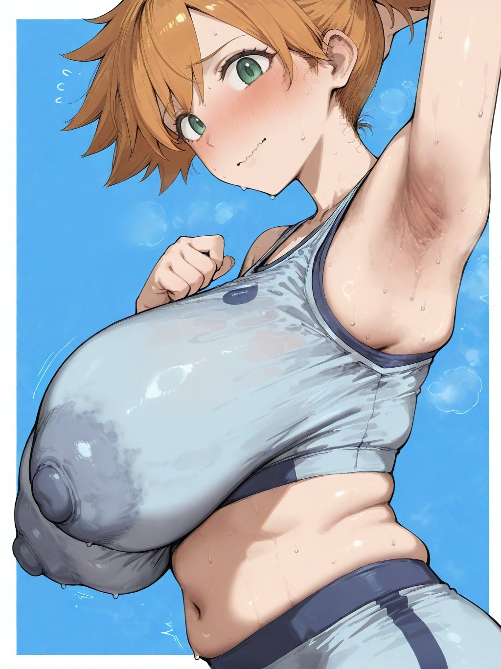 ai generated, areolae visible through clothing, armpit fetish, armpits, arms up, blush, breasts, cyan eyes, dosukebeai, embarrassed, female, gigantic breasts, huge areolae, huge breasts, huge nipples, kasumi (pokemon), light skin, light-skinned female, looking at viewer, massive breasts, nipples visible through clothing, oiled body, oiled skin, orange hair, pokemon, pokemon (anime), puffy nipples, side ponytail, solo female, squatting, sweat, sweatdrop, tank top, thick body, thick female, voluptuous, voluptuous female