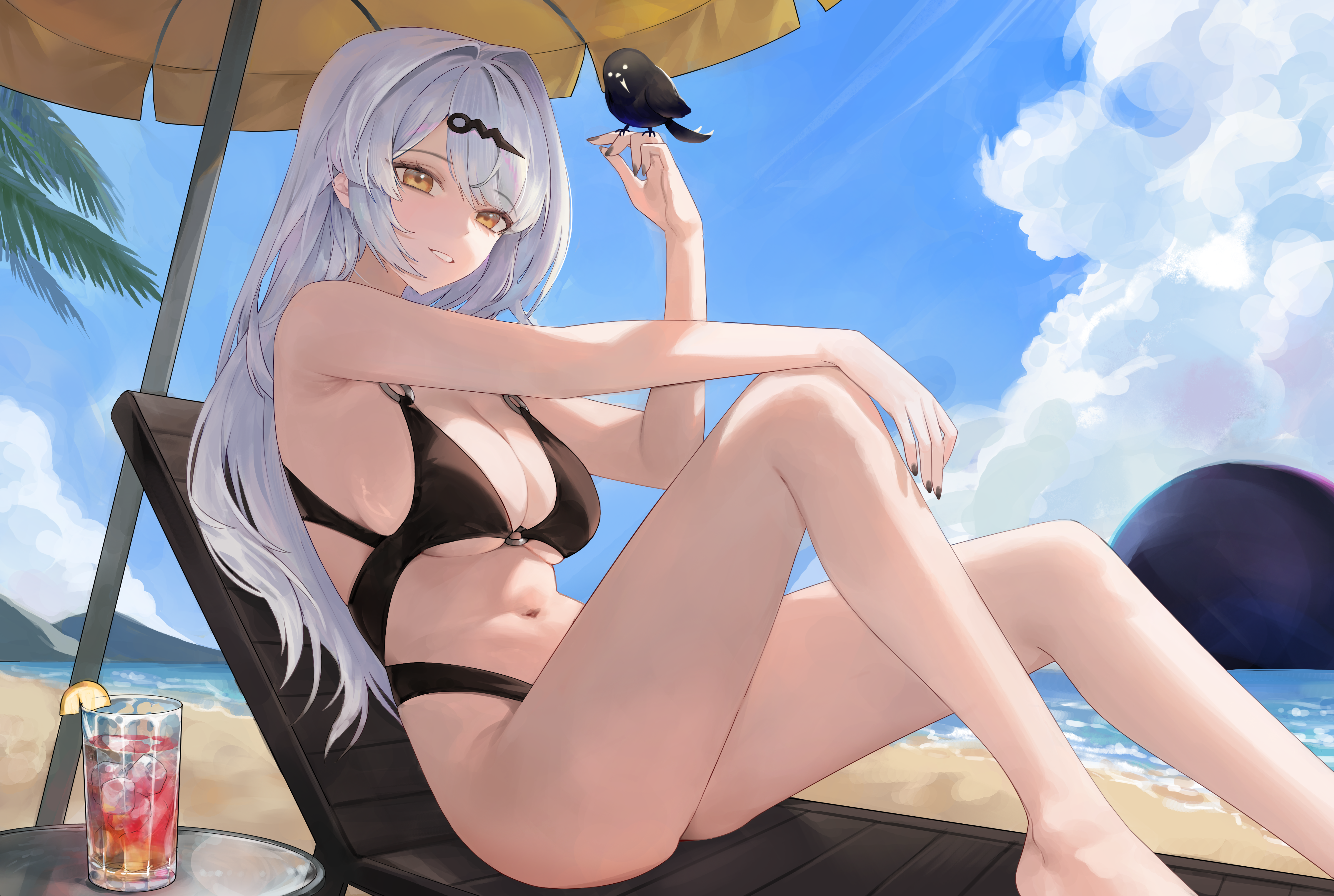 absurdres, alternate costume, beach, beach umbrella, bikini, bird, bird on hand, black bikini, black bird, blue sky, breasts, chair, commentary request, day, female, highres, large breasts, long hair, lounge chair, malsuk, navel, ocean, sitting, sky, solo, stomach, swimsuit, umbrella, white hair, yellow eyes, yixuan (zenless zone zero), zenless zone zero