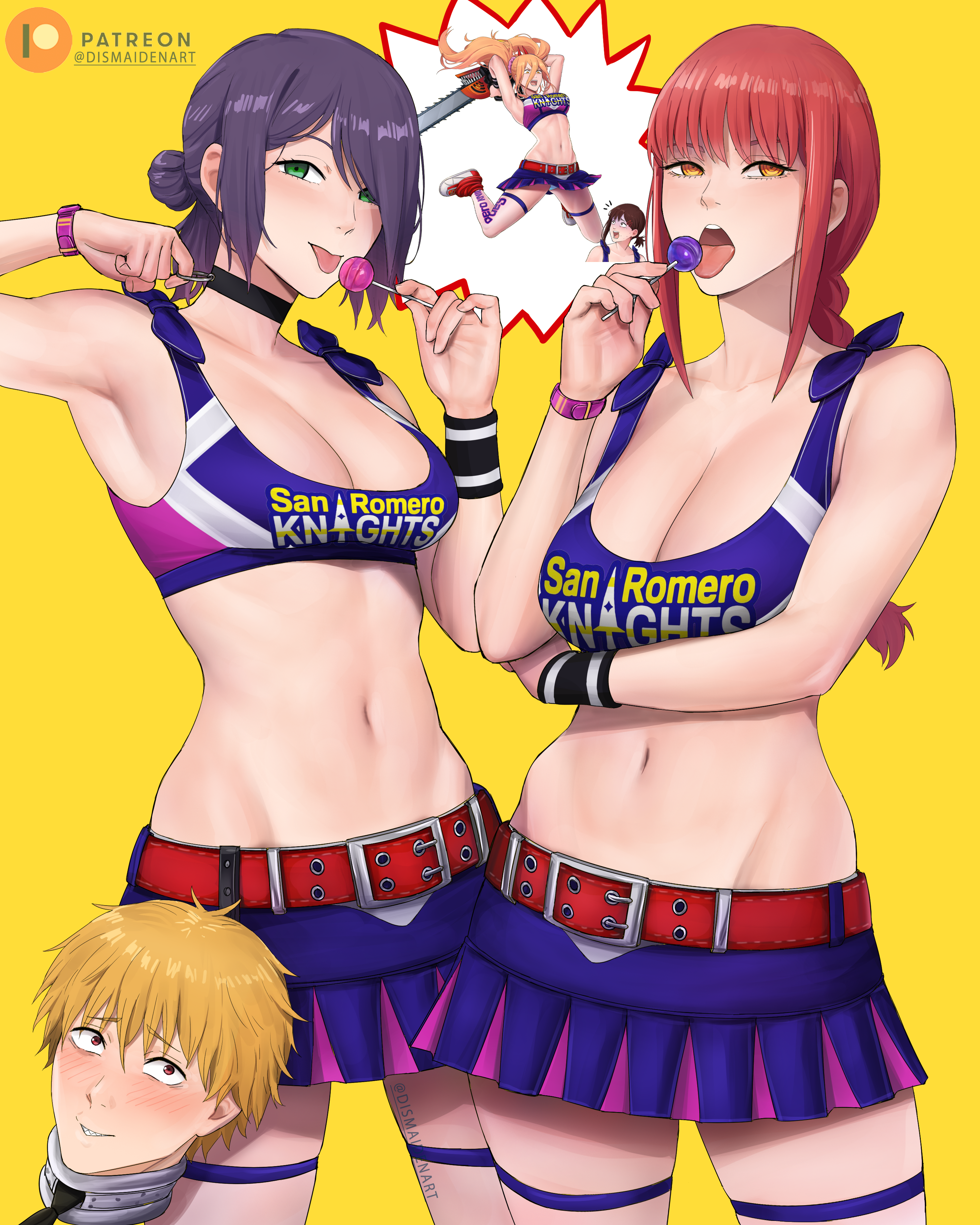 1boy, 4:5, 4girls, big breasts, blonde hair, blush, breasts, brown hair, chainsaw, chainsaw man, cleavage, cosplay, denji (chainsaw man), dismaiden, female, female focus, green eyes, higashiyama kobeni, juliet starling (cosplay), large breasts, lollipop, lollipop chainsaw, makima (chainsaw man), male, midriff, miniskirt, multiple females, multiple girls, navel, nick carlyle (cosplay), open mouth, power (chainsaw man), purple hair, red eyes, red hair, revealing clothes, reze (chainsaw man), skirt, smile, twintails, yellow eyes