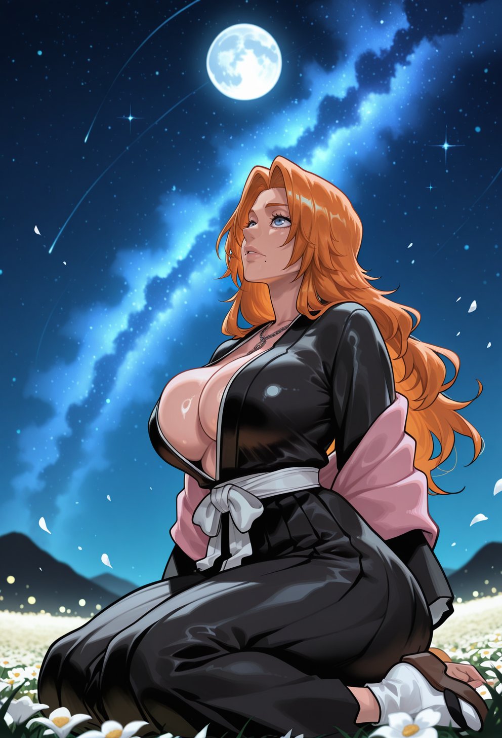 ai generated, bleach, blue eyes, breasts, female, female only, fully clothed, hannyaai, huge breasts, matsumoto rangiku, on knees, orange hair