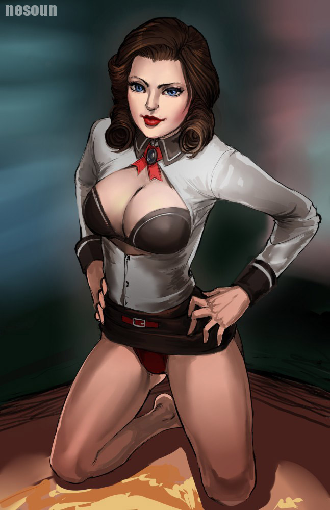 bioshock, bioshock infinite, blue eyes, bra, brown hair, burial at sea, cleavage, elizabeth comstock, elizabeth comstock (burial at sea), female, kneeling, lipstick, long hair, nesoun, open clothes, open shirt, panties, shirt, skirt, skirt lift, solo