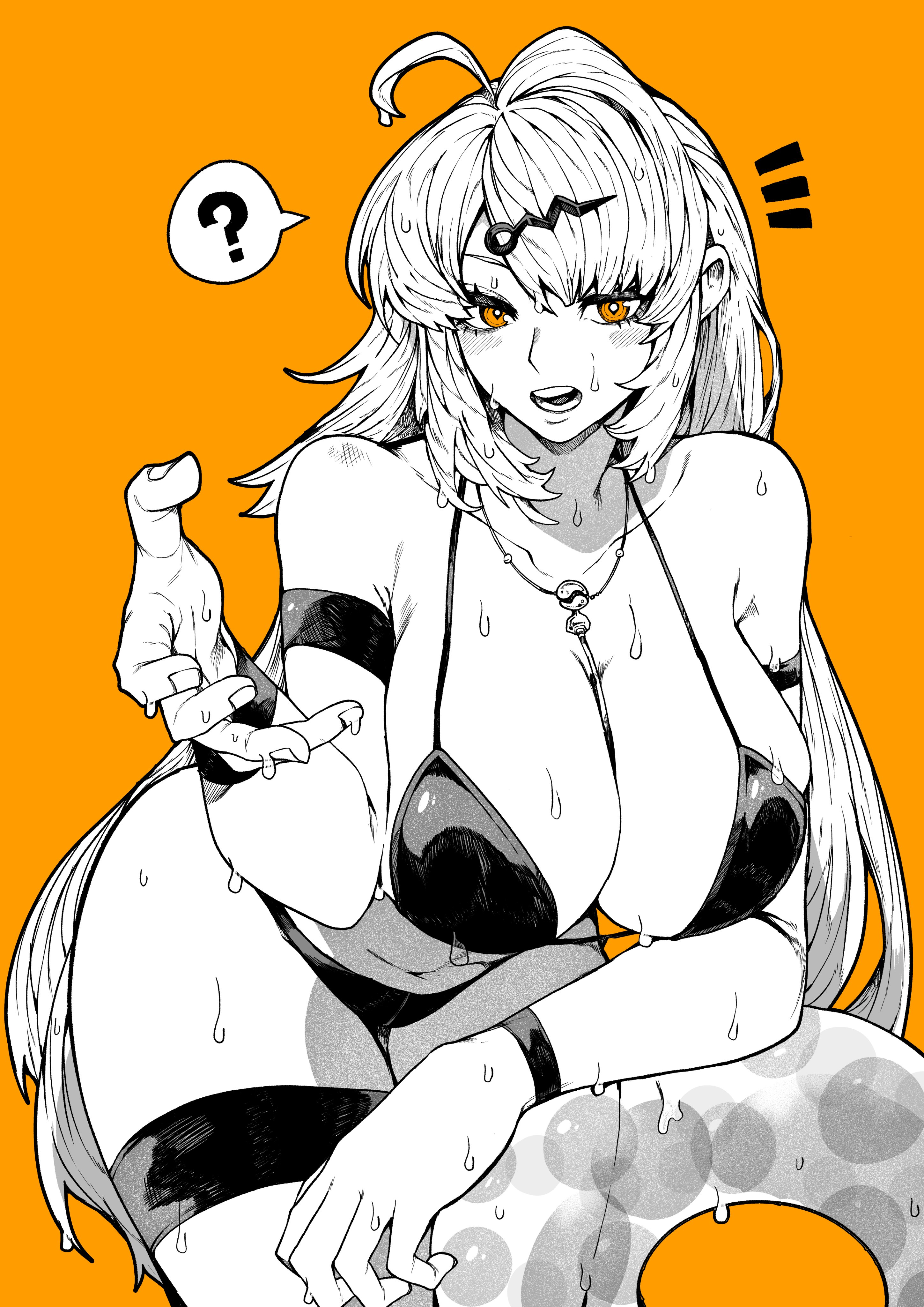 ?, absurdres, ahoge, bikini, breasts, collarbone, commentary, cowboy shot, female, greyscale with colored background, hair ornament, hairclip, halterneck, highres, innertube, jewelry, large breasts, leaning forward, long hair, long sleeves, navel, necklace, notice lines, open mouth, orange background, orange eyes, simple background, sketch, solo, spoken question mark, swim ring, swimsuit, teeth, very long hair, wet, wristband, yixuan (zenless zone zero), yotsumi shiro, zenless zone zero