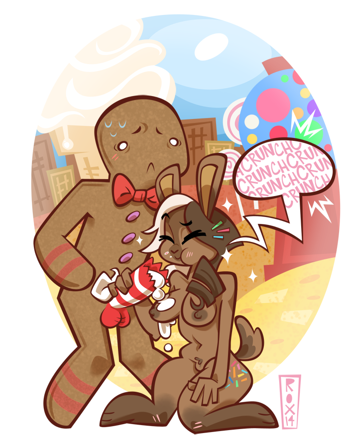 balls bonbon_(hollandworks) bow_tie breasts candy candy_cane closed_eyes duo erection female food gingerbread_man kneeling lagomorph male mammal nude penis rabbit standing text wildroxann