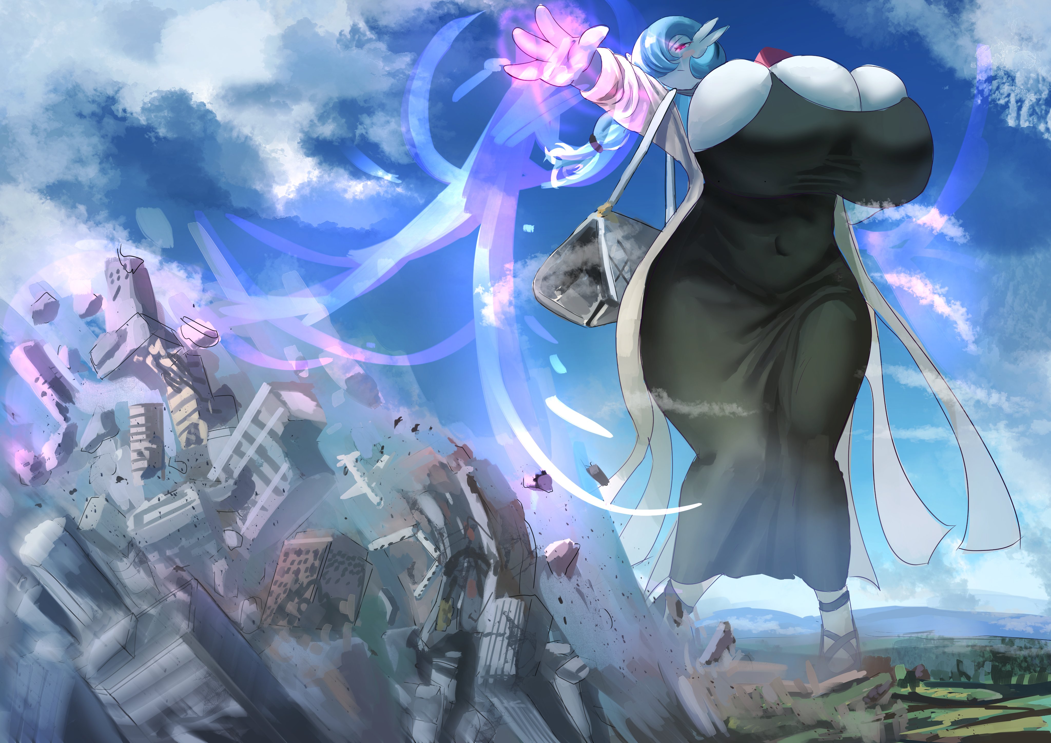 1girls, big boobs, big breasts, black dress, boobs, boobs bigger than head, breasts, breasts bigger than head, building, building destruction, buildings, city, city destruction, clothed, clothed female, dress, female, gardevoir, generation 3 pokemon, giant female, giant woman, giantess, huge boobs, huge breasts, nintendo, pokemon, pokemon (species), red eyes, shiny gardevoir, shiny pokemon, shoiichii
