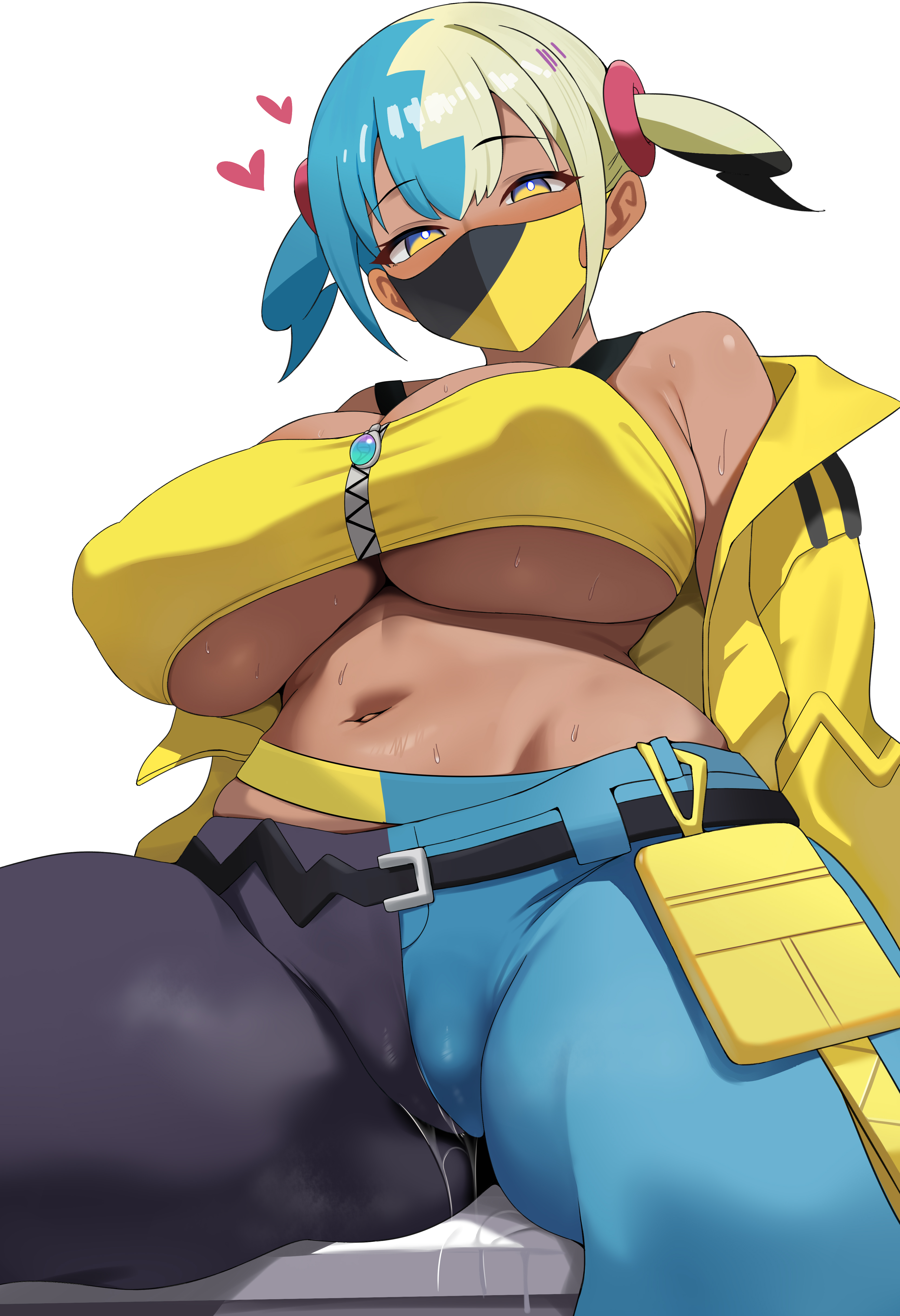1girls, absurdres, alternate breast size (larger), aqua hair, aqua pants, bandeau, bare shoulders, belt, black belt, black hair, black pants, blonde hair, blush, breasts, bright pupils, canari (pokemon), canary (pokemon), cleavage, commentary request, crop top, dark skin, dark-skinned female, dush 1154, female, game freak, heart, highres, huge breasts, jacket, looking at viewer, mask, mouth mask, multicolored clothing, multicolored eyes, multicolored hair, multicolored mask, multicolored pants, navel, nintendo, open clothes, open jacket, pants, plump, pokemon, pokemon legends: z-a, pussy, pussy juice, pussy juice drip through clothes, simple background, sitting, solo, stomach, sweat, twintails, two-tone clothing, two-tone hair, two-tone mask, two-tone pants, underboob, white background, white pupils, yellow bandeau, yellow jacket