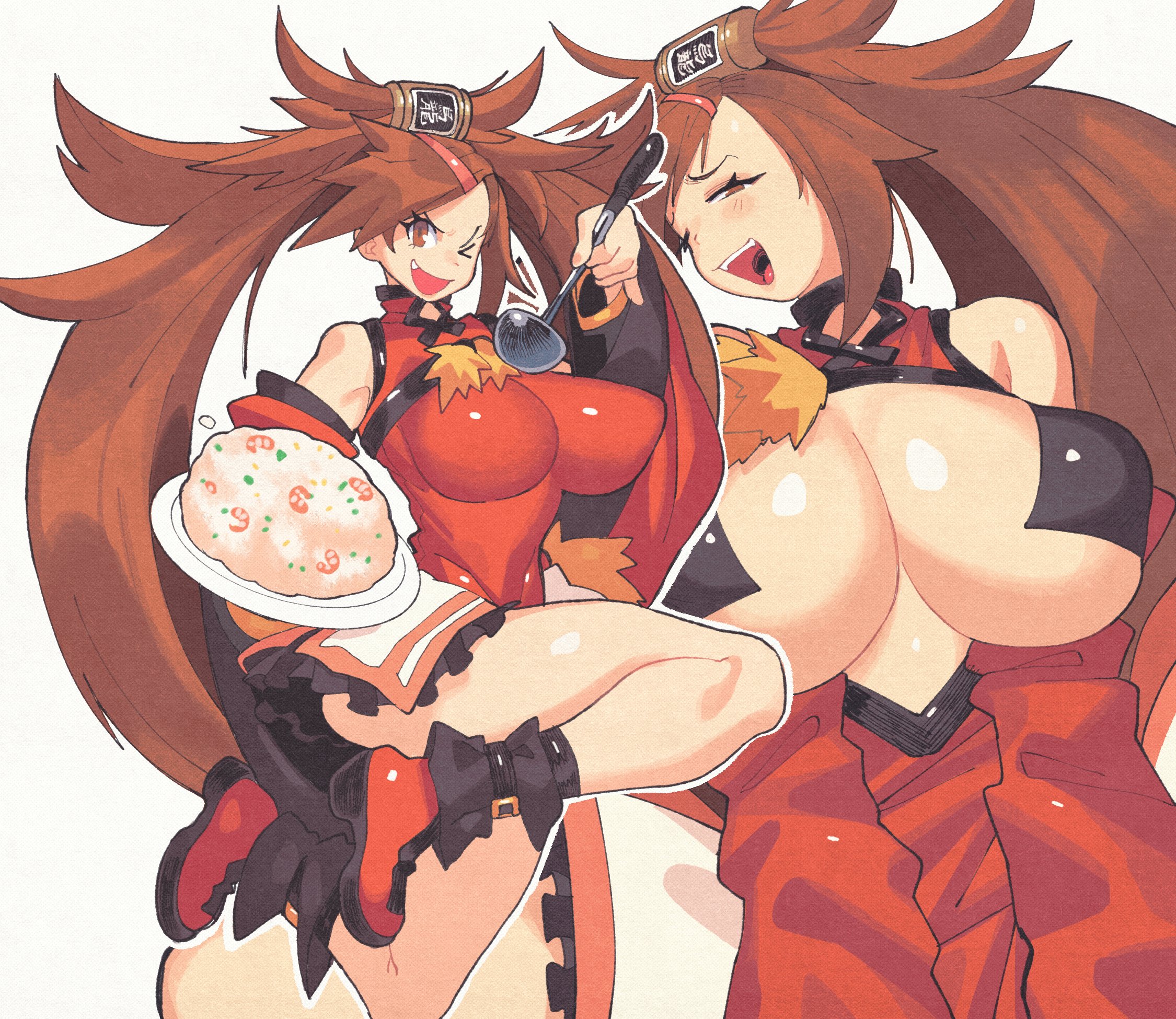 bare shoulders, breasts, brown eyes, brown hair, cute fang, detached sleeves, dress, female, food, fried rice, guilty gear, hair ornament, hair rings, highres, holding, holding plate, inkerton-kun, inkuusan, kuradoberi jam, long hair, one eye closed, open mouth, pasties, plate, red dress, single hair ring, skirt, smile, thick thighs, thighs, very long hair, wide sleeves