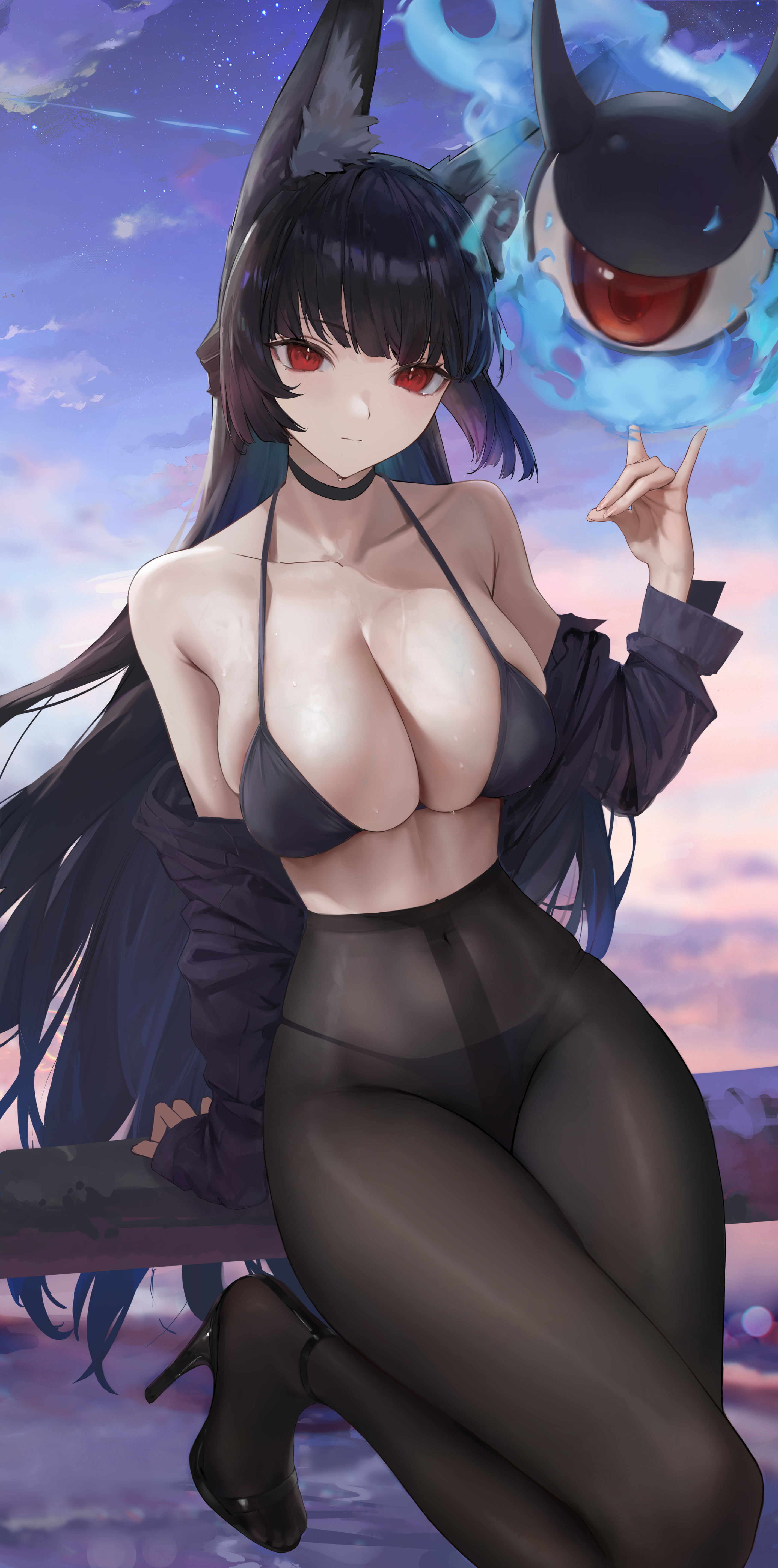 1girls, absurdres, animal ear fluff, animal ears, arm support, bare shoulders, bikini, black bikini, black choker, black footwear, black panties, black pantyhose, black shirt, blunt bangs, blurry, blurry background, breasts, choker, cleavage, closed mouth, cloud, collarbone, collared shirt, commentary request, dress shirt, far side, female, floating, fox ears, fox girl, fox shadow puppet, halterneck, high heels, highres, hoshimi miyabi, large breasts, leg up, long hair, looking at viewer, off shoulder, panties, pantyhose, railing, red eyes, shirt, skindentation, sky, sleeves past wrists, star (sky), starry sky, swimsuit, tailless (zenless zone zero), underwear, very long hair, water, zenless zone zero
