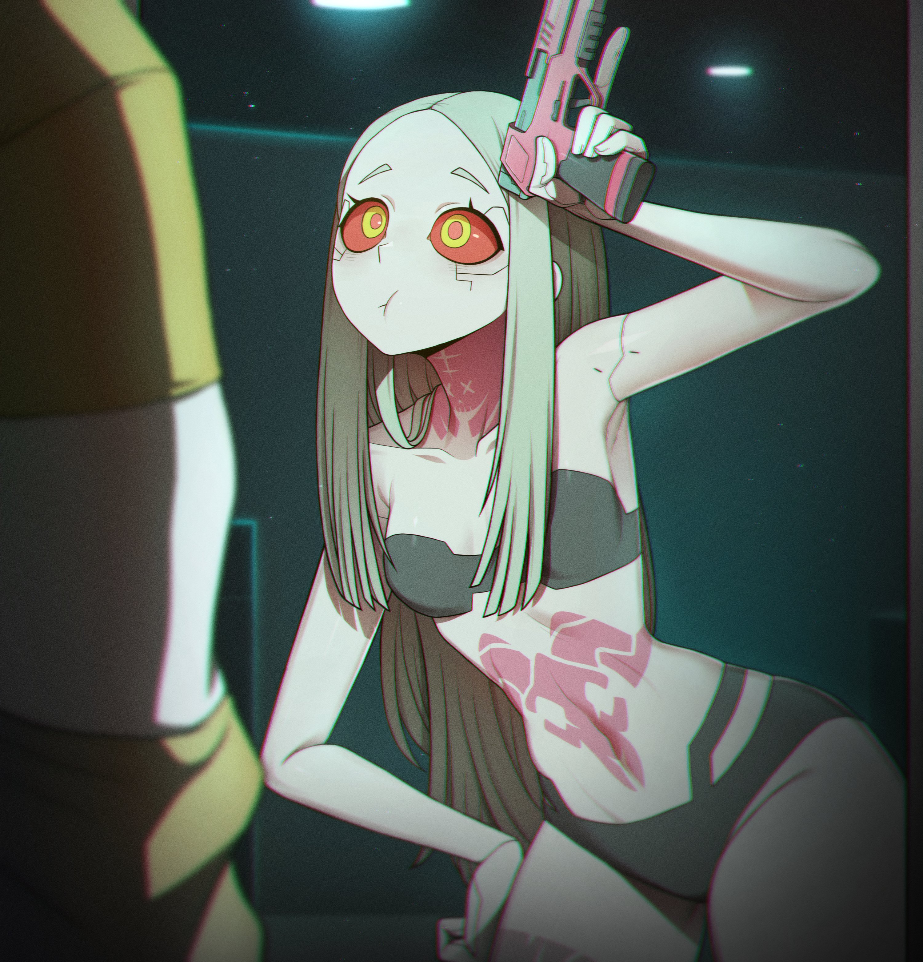1boy, 1girls, absurdres, artificial eye, casual, clothing, colored skin, cyberpunk 2077, cyberpunk: edgerunners, cyborg, david martinez (edgerunners), female, firearm, gun, handgun, highres, human, male, mechanical eye, mechanical hands, misg1111, neck tattoo, nonsexual, pale skin, pink tattoo, rebecca (edgerunners), red pupils, stomach tattoo, tattoo, weapon