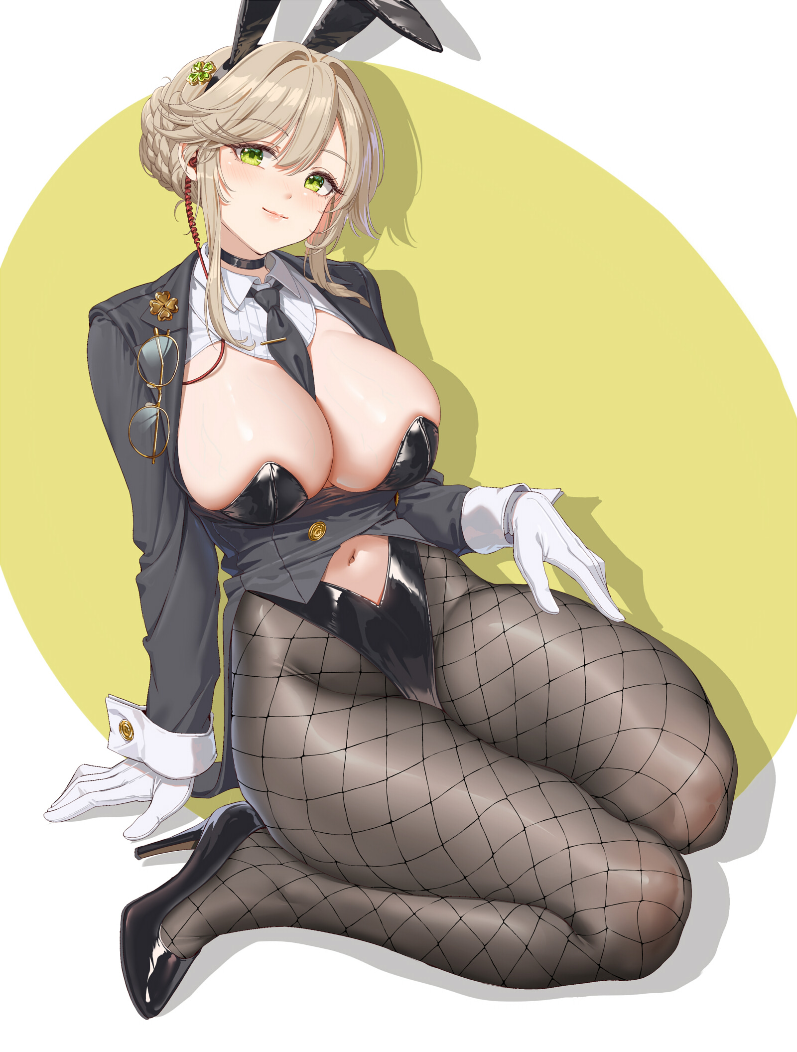ade (agent bunny) (nikke), ade (nikke), animal ears, black choker, black leotard, black necktie, black pantyhose, black shoes, blush, breasts, brown hair, choker, closed mouth, clothing cutout, fake animal ears, fangxiang cuoluan, female, full body, glasses, gloves, goddess of victory: nikke, green eyes, high heels, highleg, highleg leotard, highres, large breasts, leotard, long sleeves, looking at viewer, navel cutout, necktie, necktie between breasts, official alternate costume, pantyhose, patent heels, pumps, rabbit ears, shoes, sidelocks, simple background, sitting, smile, solo, stiletto heels, thighs, unworn eyewear, white gloves