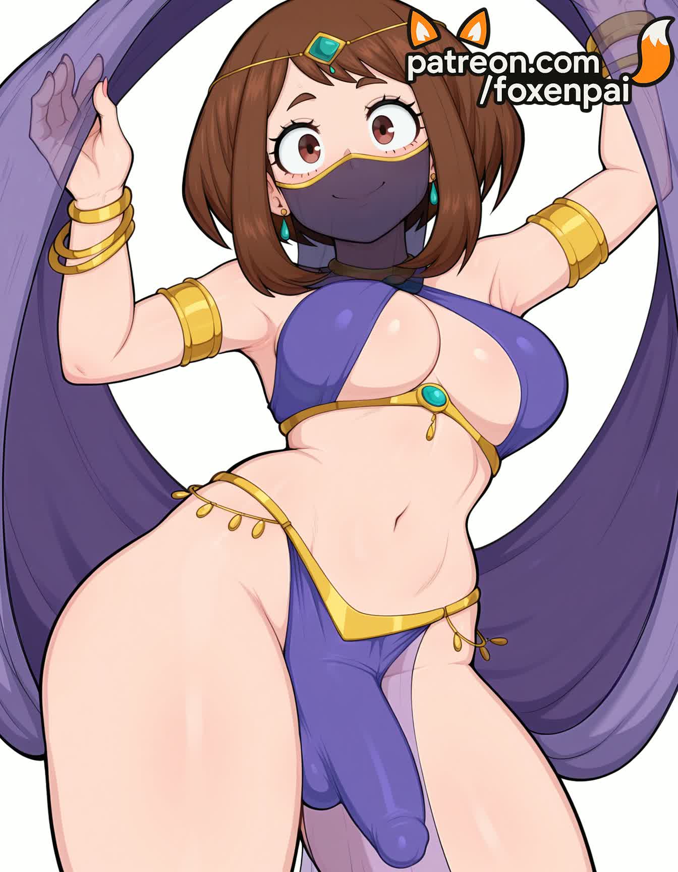1futa, 2025, ai generated, artist name, boku no hero academia, breasts, brown hair, bust, chest, earrings, foxenpai, futanari, hi res, high quality, high resolution, highres, intersex, jewelry, mouth veil, my hero academia, navel, ochako uraraka, patreon, patreon username, smile, solo, stable diffusion, thighs, twintails, watermark