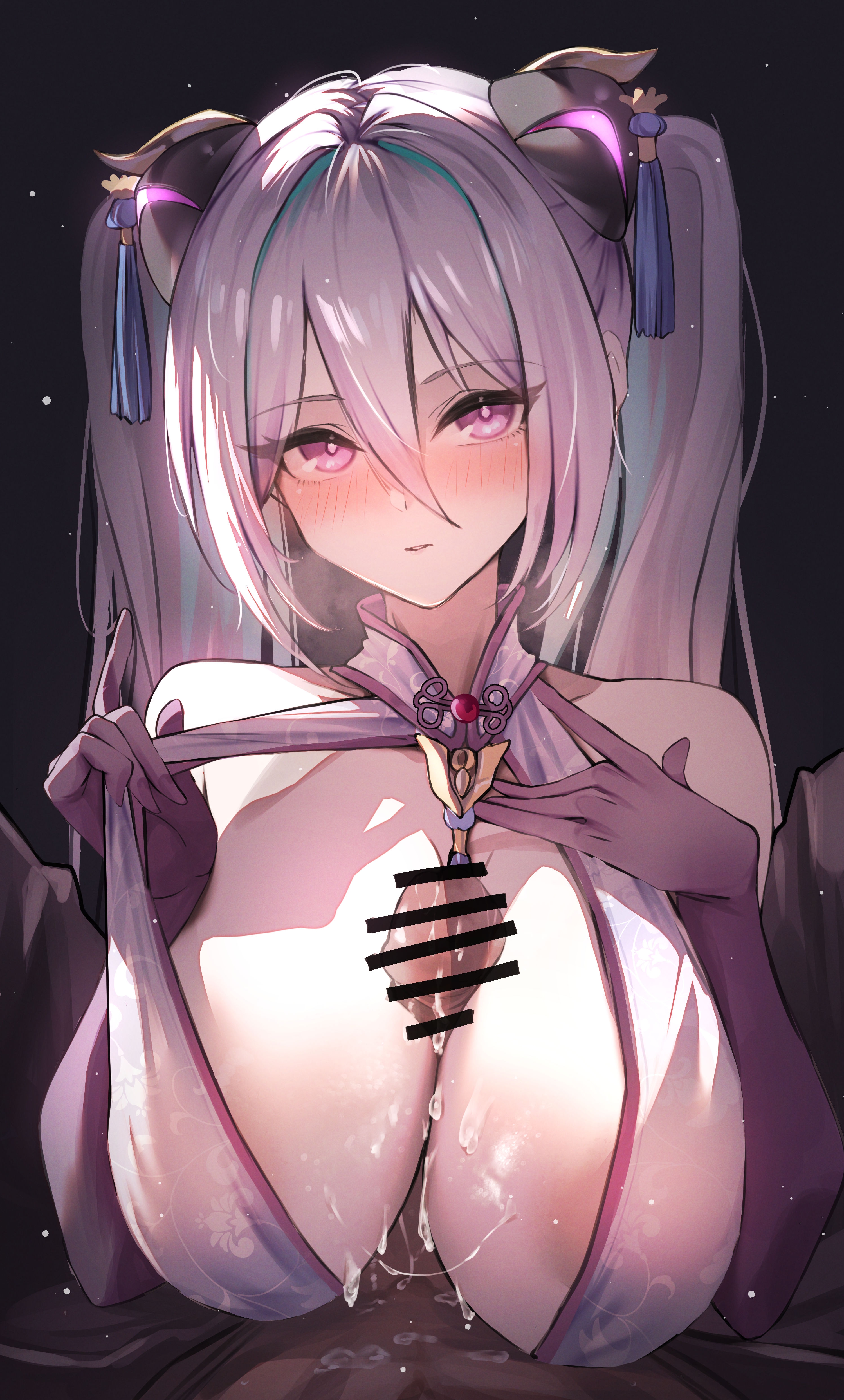 1boy, 1girls, after paizuri, azur lane, bar censor, bare shoulders, blush, breasts, censored, cg, cleavage, cum, cum bridge, cum on body, cum on breasts, dark skin, dark-skinned male, dress, eagle union (azur lane), elbow gloves, female, gloves, grey hair, hair between eyes, hair ornament, heart, heart-shaped pupils, horns, huge breasts, kearsarge (azur lane), kearsarge (springtime monitoring) (azur lane), large breasts, light skin, light-skinned female, long hair, looking at viewer, male, male pov, paizuri, paizuri under clothes, penis, pink eyes, pov, purple eyes, purple gloves, sea nami, solo focus, straight, symbol-shaped pupils, twintails, upper body