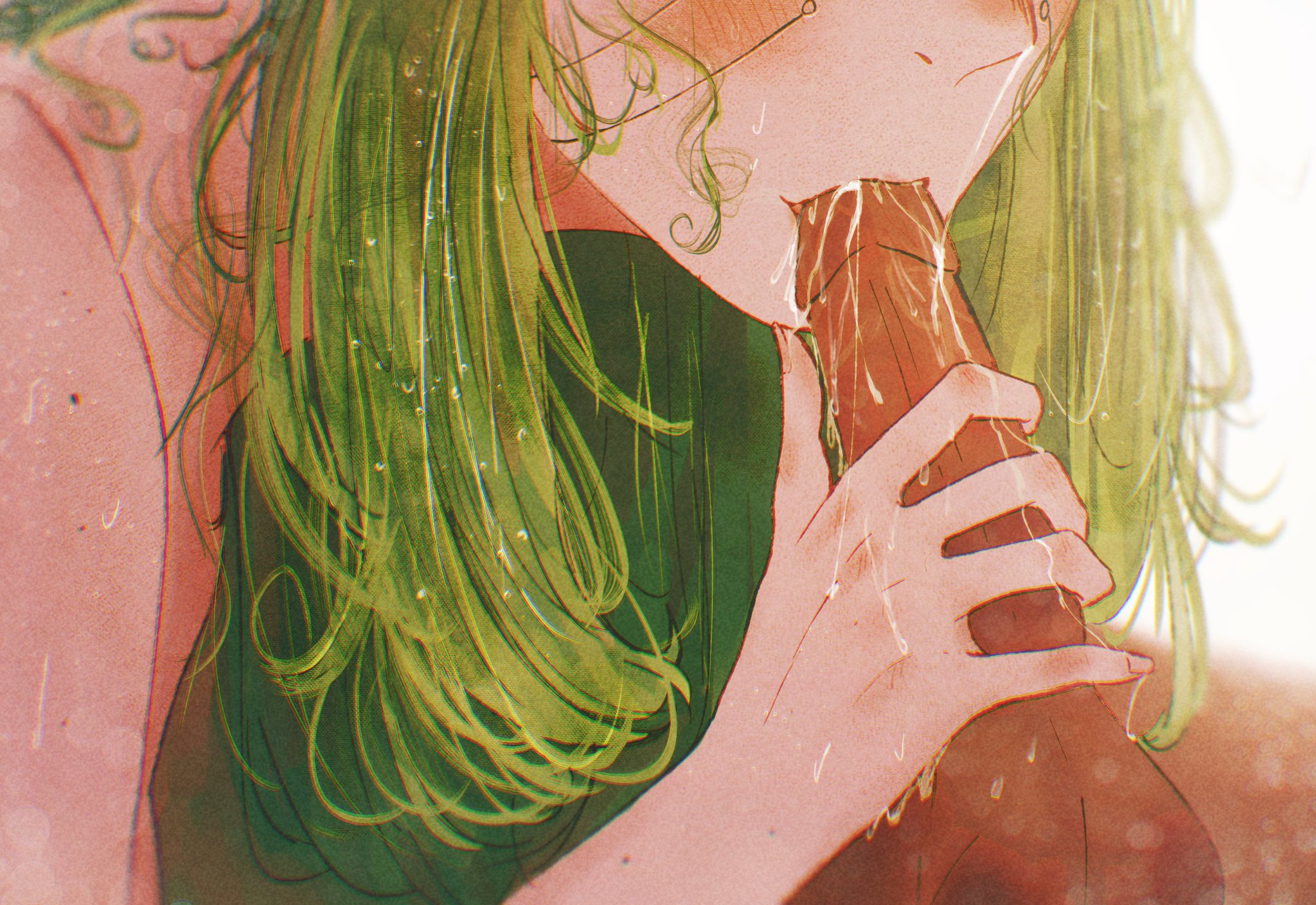 1boy, close-up, commentary, english commentary, eyes out of frame, fellatio, female, green hair, handjob, head out of frame, highres, long hair, male, medea (spindle (aidenr0)), meiya (spindle (aidenr0)), messy hair, mole, oral, original, out of frame, penis, saliva, spindle (aidenr0)