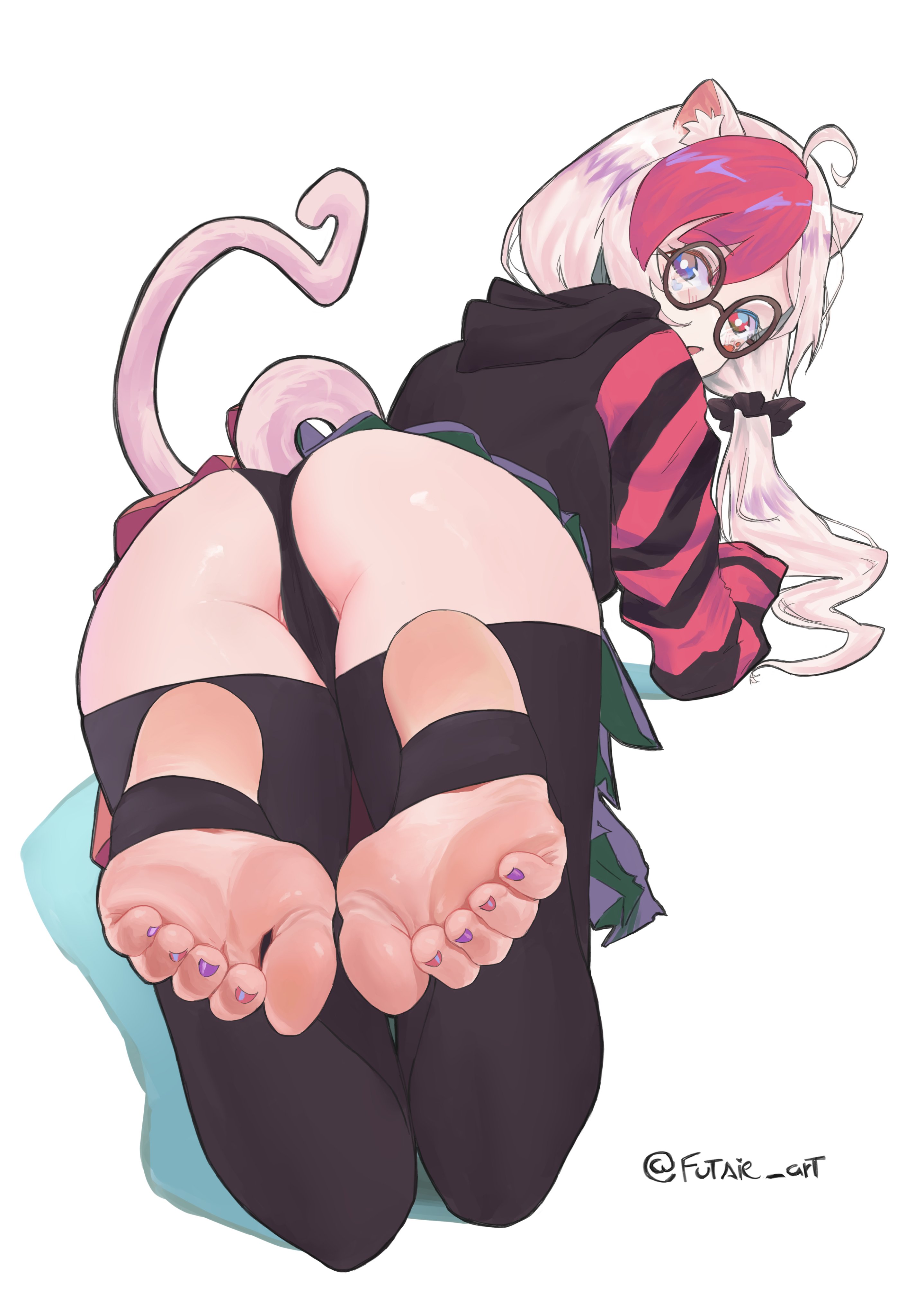1girls, 2d, 2d (artwork), 2d artwork, absurdres, adorable, adorable face, adorable female, adorable girl, ahoge, all fours, animal ear fluff, animal ears, anime, anime style, artist name, artist signature, ass, ass focus, back view, barefeet, barefoot, behind, behind view, big ass, big butt, big thighs, black hoodie, black long socks, black panties, black socks, black stripes, black thighhighs, black thong, black thong panties, blouse, blush, butt focus, cat ears, cat girl, cat tail, catgirl, clothed, clothed female, comission, commentary, commission, cute, cute face, cute female, cute girl, english commentary, feet, feet fetish, feet focus, feet up, female, female only, foot fetish, foot focus, footsie art, from behind, full body, futsie art, girl, glasses, glasses on face, grey hair, hair, hair ornament, hair scrunchie, heterochromia, hi res, highres, hood, hoodie, hot, huge ass, huge butt, huge thighs, human, indie virtual youtuber, indie vtuber, leg up, legs, legs up, light skin, light-skinned female, long hair, long sleeves, long socks, looking at viewer, looking back, miniskirt, multicolored clothing, multicolored eyes, multicolored hair, multicolored nail polish, multicolored nails, nail, nail polish, nailpolish, nails, nails painted, no shoes, open mouth, panties, partially visible vulva, pink hair, pink highlights, pink hoodie, pink nails, pink strand of hair, pink stripes, pink tail, pretty face, pretty girl, prone, prone position, purple nails, pussy, questionable, rear view, round eyewear, round glasses, scrunchie, shadow, silva neko, simple background, skirt, skirt lift, skirt up, sleeves past fingers, sleeves past wrists, socks, soles, solo, solo female, stirrup legwear, stirrup thighhighs, striped clothes, striped hoodie, striped sleeves, stripes, sweat, sweatshirt, tail, thighhighs, thighs, thong, thong panties, toe scrunch, toeless legwear, toenail polish, toenails, twitter username, underwear, viewed from behind, virtual youtuber, vtuber, watermark, white background, white hair, white skin, white skinned female