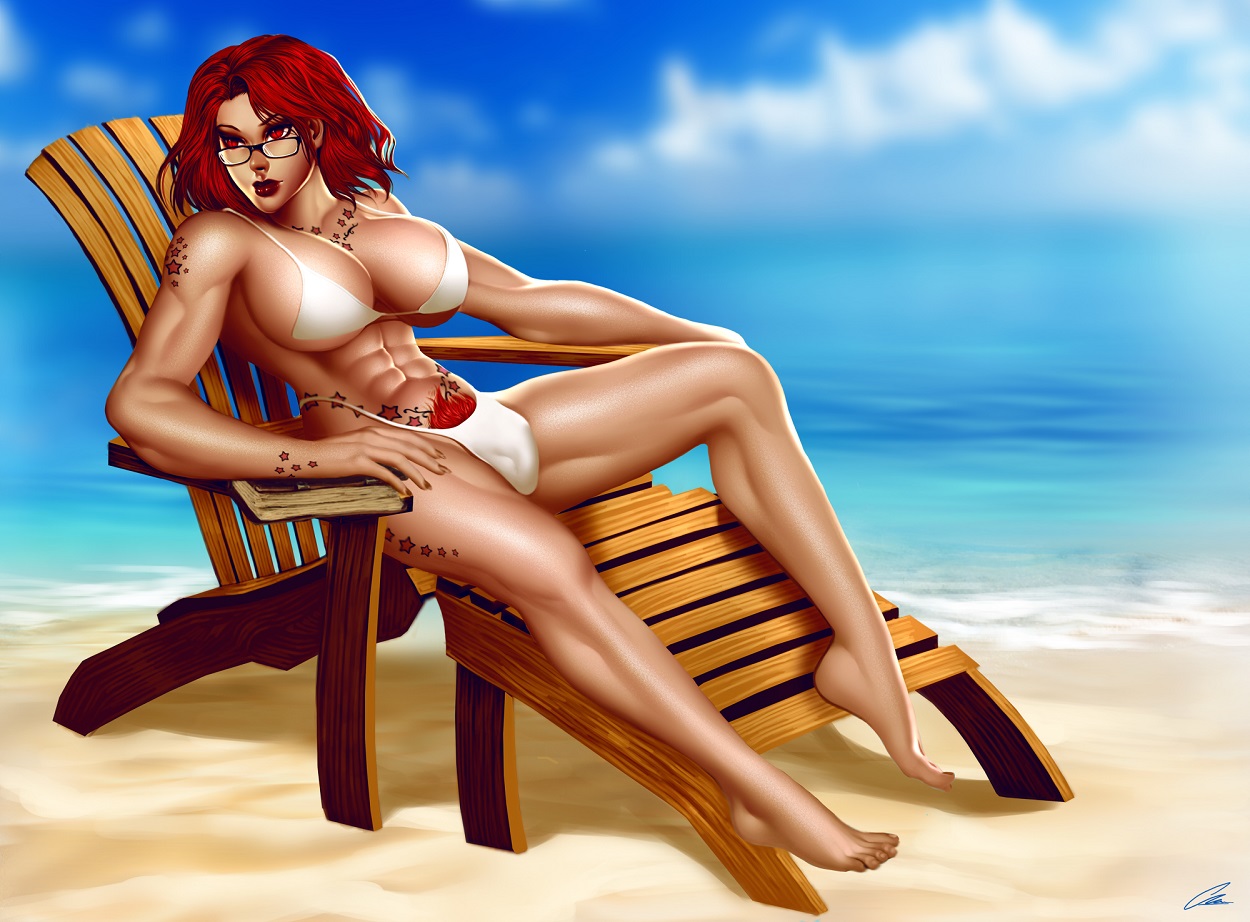 1futa, abs, barefoot, beach, bikini, bulge, cameltail, cleavage, feet, futa only, futanari, glasses, intersex, lavah, mey-mey, navel, pubic hair, red eyes, red hair, short hair, sitting, solo, tattoo