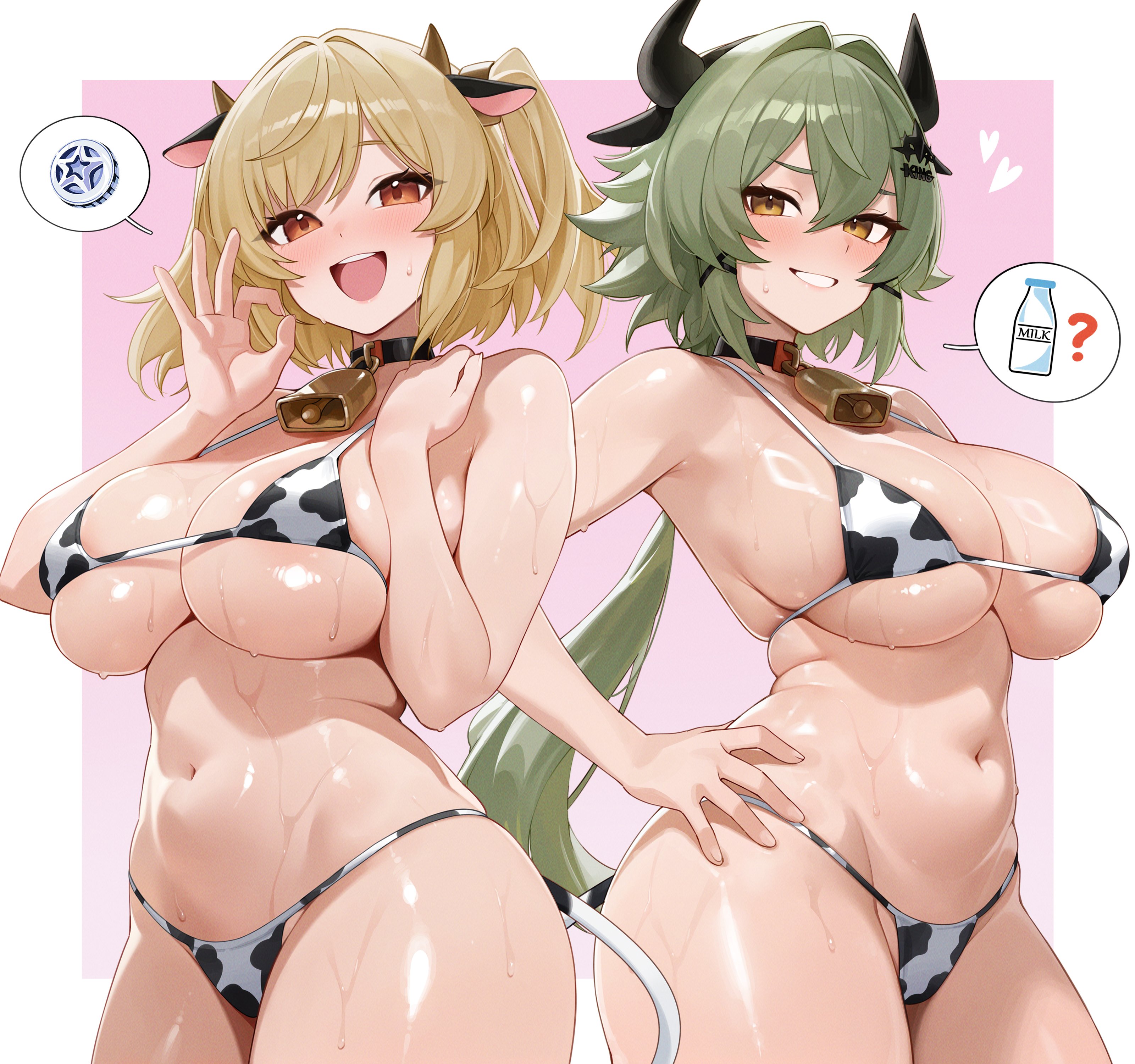 ?, 2girls, absurdres, animal ear hairband, animal ears, animal print, areola slip, bare arms, bare shoulders, bell, bikini, black horns, blonde hair, blush, border, bottle, breasts, brown eyes, burnice white, caesar king, commentary request, cow ear hairband, cow ears, cow horns, cow print, cow print bikini, fake animal ears, female, green hair, hair between eyes, hairband, hand on own hip, hand on own shoulder, heart, highres, horns, large breasts, long hair, looking at viewer, micro bikini, milk bottle, money, money gesture, multiple females, multiple girls, navel, neck bell, open mouth, orange eyes, pink background, print bikini, short twintails, spoken question mark, standing, stomach, sweat, swimsuit, tongue, twintails, weimiaw, wet, white border, zenless zone zero