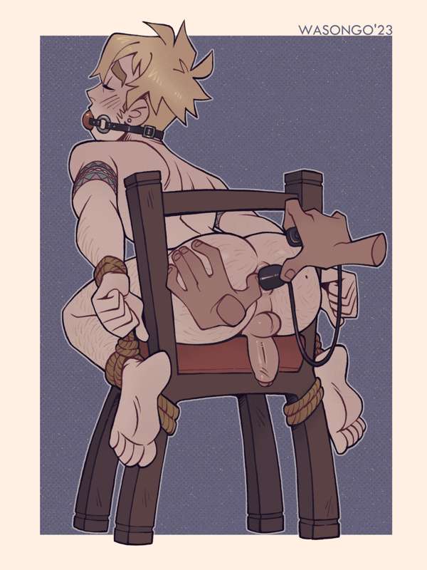 1boy, 2d, anal, anal sex, anus, ass, ass focus, bak chang, big ass, blonde hair, bondage, bound ankles, bound to chair, bound wrists, chair, color, colored, d.gray-man, erect penis, erection, eyes, fat ass, gag, gagged, gay, gay male, grey eyes, hair, hairy, hairy ass, male, male focus, male only, penetration, penis, sex, sex toy, sex toy in ass, sexy, tattoo, tattooed arm, twink, vibrator, vibrator in ass, wasongo, yaoi