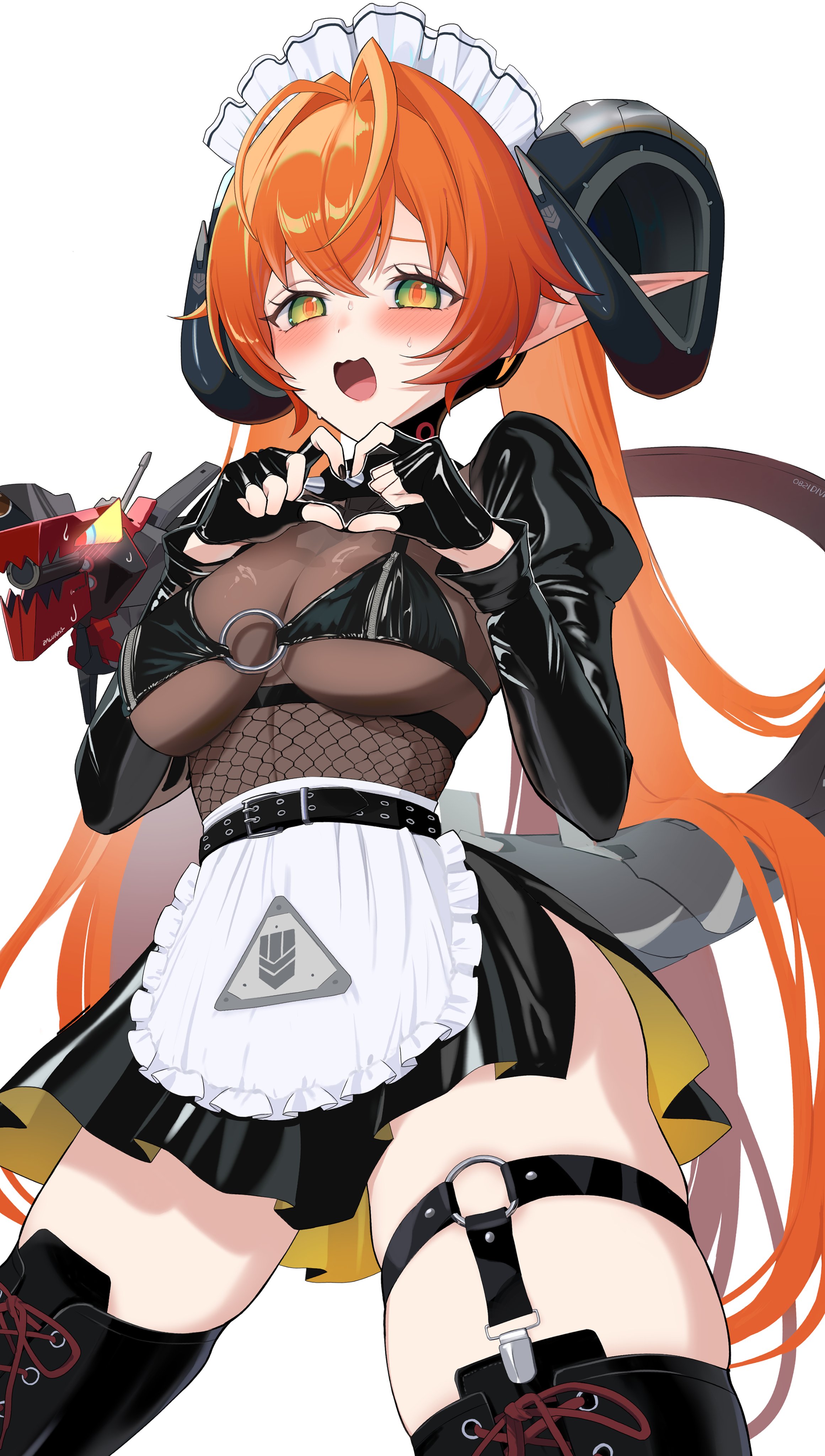 1other, absurdres, ambiguous gender, apron, belt, belted skirt, bikini, black bikini, black boots, black horns, black skirt, blush, bodystocking, boots, breasts, dragon girl, dragon horns, female, fingerless gloves, fishnet bodystocking, fishnets, four-finger heart hands, gloves, green eyes, gun, heart, heart hands, highres, horns, latex, latex bikini, latex gloves, long hair, magus (zenless zone zero), maid, maid apron, maid headdress, mechanical horns, mechanical tail, open mouth, orange hair, orange pupils, orphie magnusson, pointy ears, ruaruayana, see-through clothes, skirt, standing, sweat, swimsuit, tail, thigh strap, tongue, twintails, weapon, white background, zenless zone zero