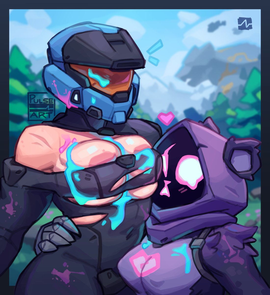 2girls, anthro, areola slip, arm around waist, blurry background, blush, bodysuit, breast on face, breast press, breasts, covered navel, crossover, duo, female, female only, fluid on body, fluid on breasts, fortnite, furry, furry ears, furry female, gloves, glowing eyes, glowing mouth, halo (series), hand on another's hip, heart, heart symbol, helmet, hood, large breasts, medium breasts, nipple bulge, outdoors, pulseblock, purple fur, raven team leader, scar, sexually suggestive, signature, skindentation, slurp juice, spartan (halo), suggestive fluid, surprised, tight clothes, torn clothes, unsc marine, unsc marine (fortnite), watermark