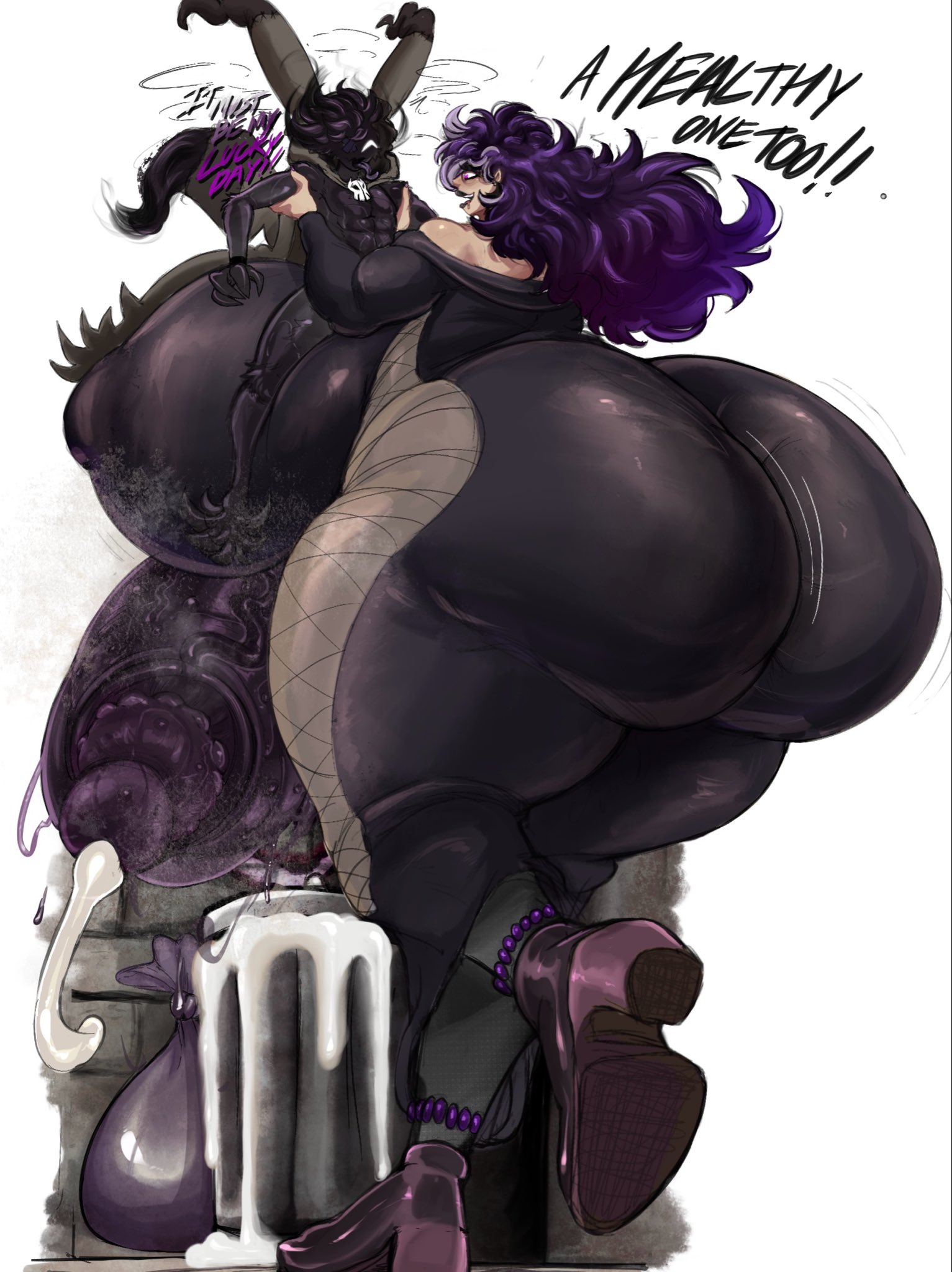 1boy, 1girls, back view, breasts, dialogue, female, gigantic ass, gigantic breasts, gigantic penis, huge ass, huge breasts, huge cock, human, male, mimikyu, penis, pokemon, pokephilia, schmuckless, size difference, standing, text, twitch (schmuckless), voluptuous