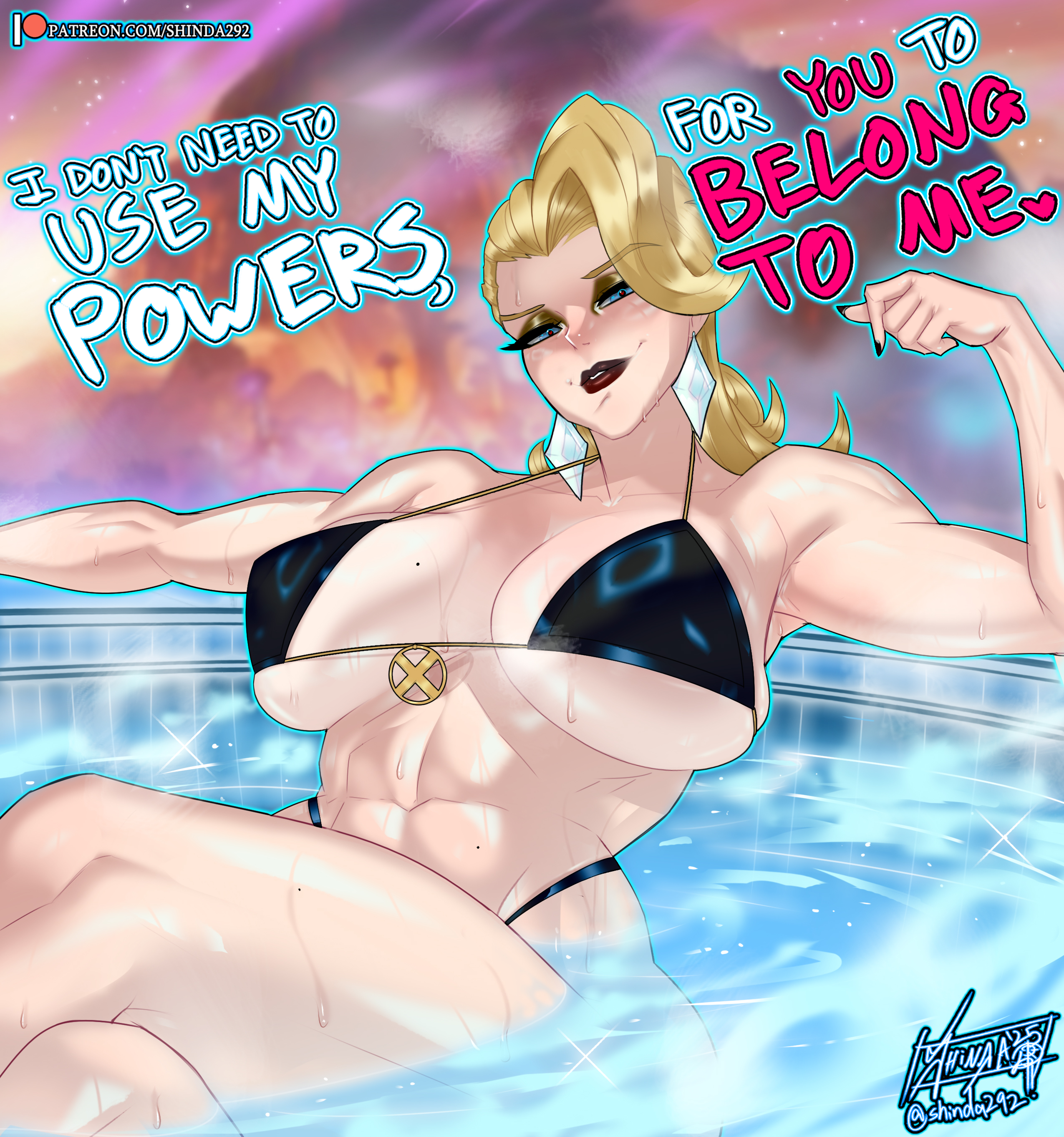 abs, black bikini, black lipstick, blonde hair, breasts, emma frost, emma frost (marvel rivals), english, female, large breasts, marvel, marvel comics, marvel rivals, muscular, muscular female, pool, shinda292