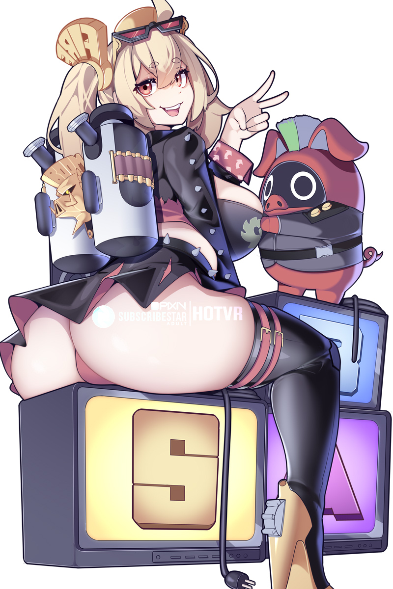 :d, ass, bangboo (zenless zone zero), black skirt, black thighhighs, blonde hair, breasts, burnice white, commentary, english commentary, eyewear on head, female, from behind, highres, hotvr, large breasts, looking at viewer, looking back, open clothes, open mouth, panties, pixiv username, red eyes, red moccus (zenless zone zero), red panties, simple background, sitting, skirt, smile, solo, subscribestar logo, subscribestar username, sunglasses, teeth, thighhighs, underwear, upper teeth only, v, white background, zenless zone zero